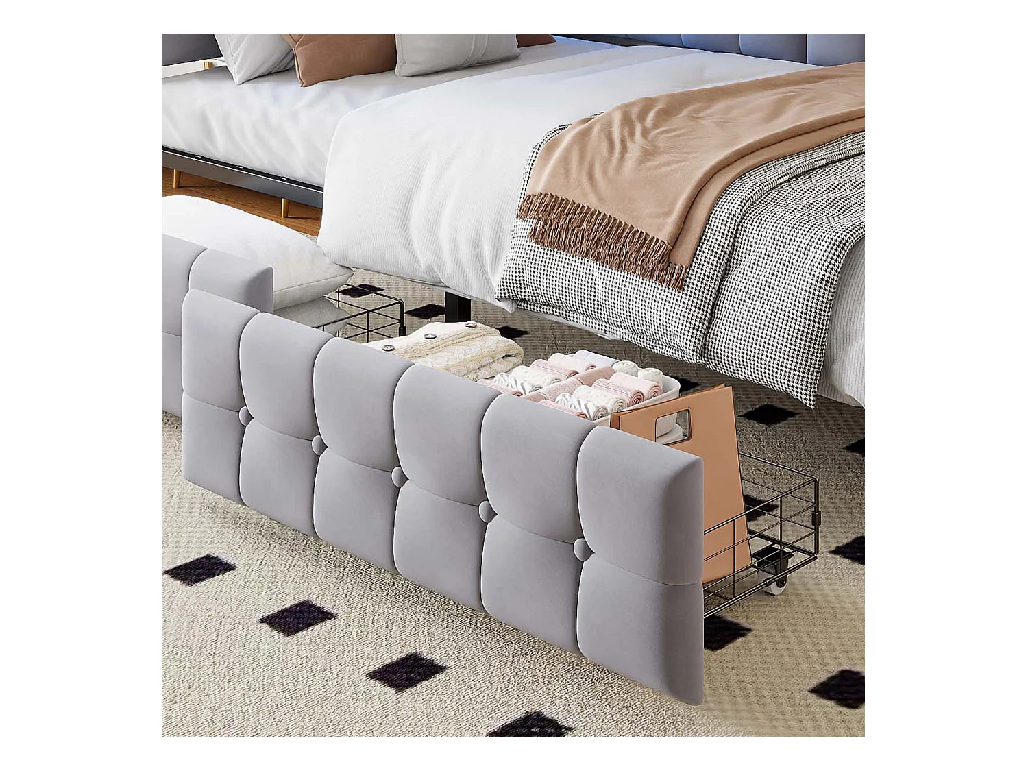 Lit banquette 90x200 cm - velours gris clair - Lit adulte avec chargement USB et LED - 2 tiroirs - sans matelas