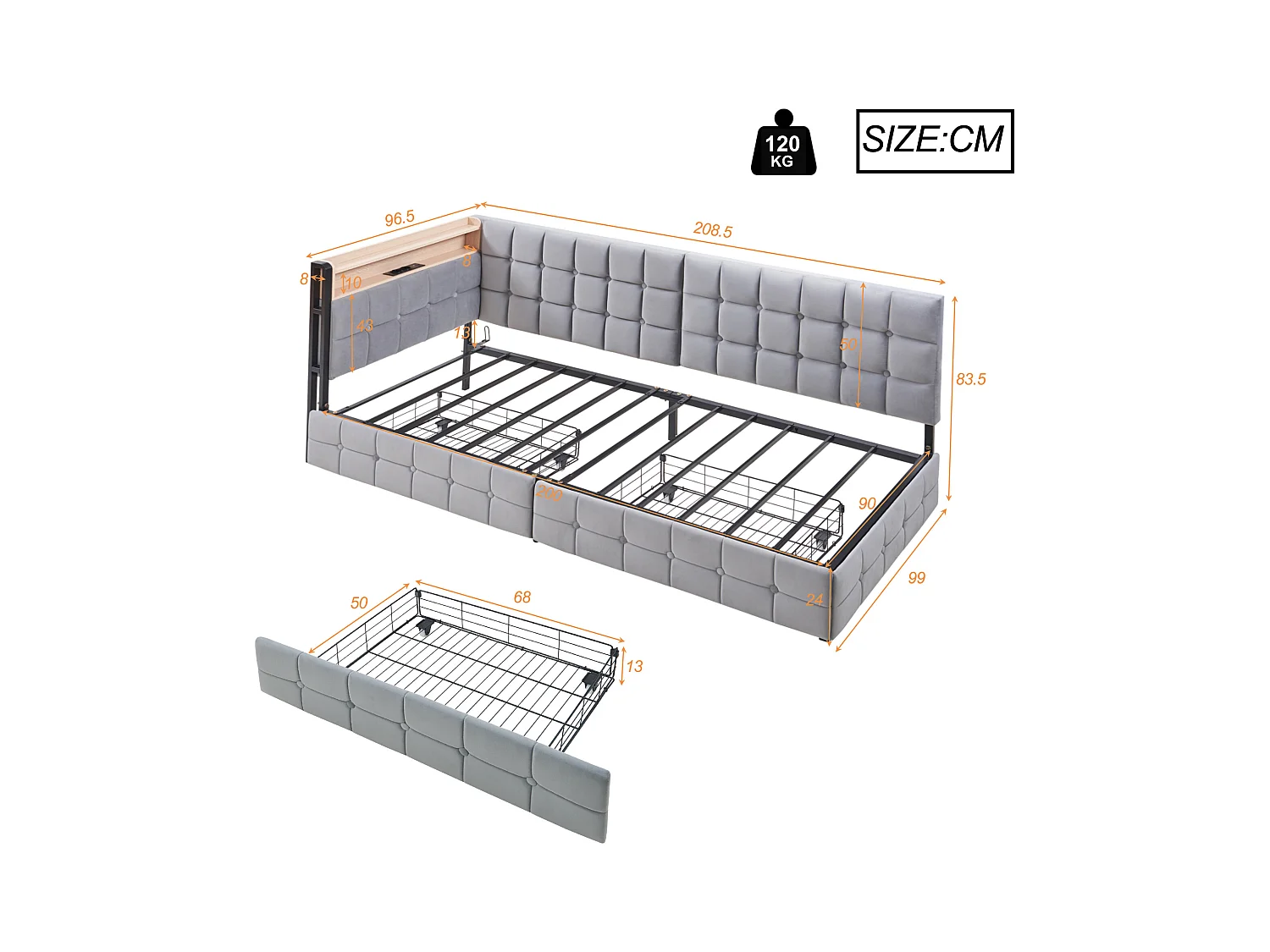 Lit banquette 90x200 cm - velours gris clair - Lit adulte avec chargement USB et LED - 2 tiroirs - sans matelas
