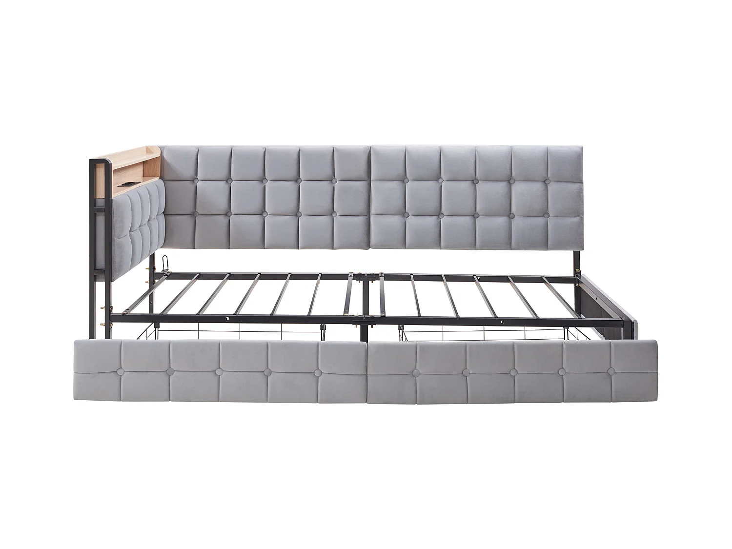 Lit banquette 90x200 cm - velours gris clair - Lit adulte avec chargement USB et LED - 2 tiroirs - sans matelas
