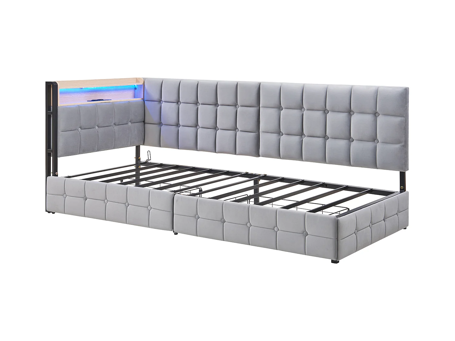 Lit banquette 90x200 cm - velours gris clair - Lit adulte avec chargement USB et LED - 2 tiroirs - sans matelas