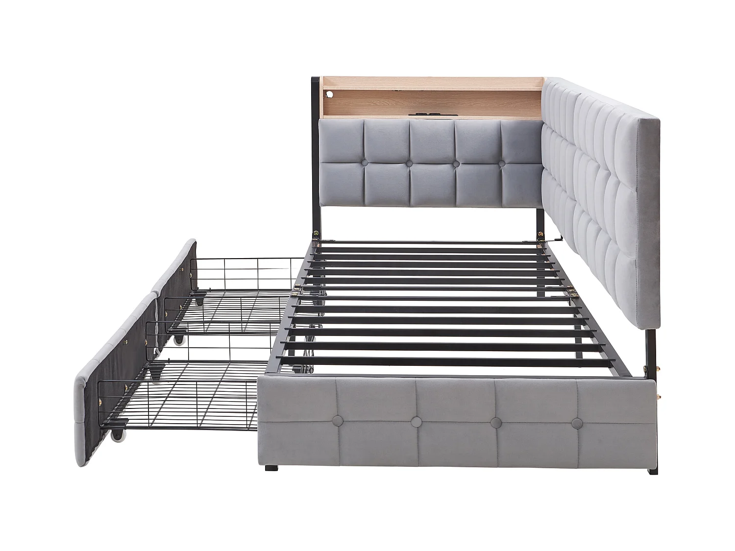 Lit banquette 90x200 cm - velours gris clair - Lit adulte avec chargement USB et LED - 2 tiroirs - sans matelas