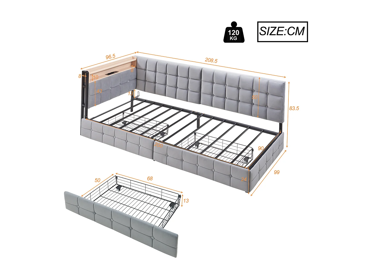 Lit banquette 90x200 cm - velours gris clair - Lit adulte avec chargement USB et LED - 2 tiroirs - sans matelas