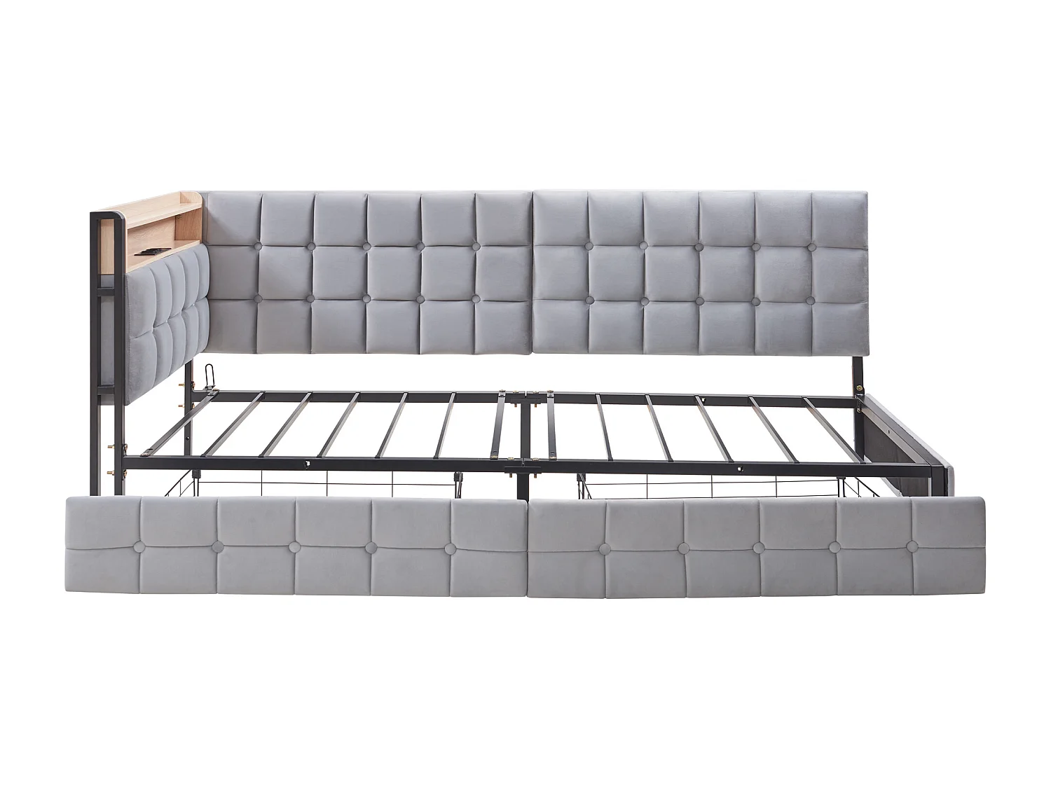 Lit banquette 90x200 cm - velours gris clair - Lit adulte avec chargement USB et LED - 2 tiroirs - sans matelas