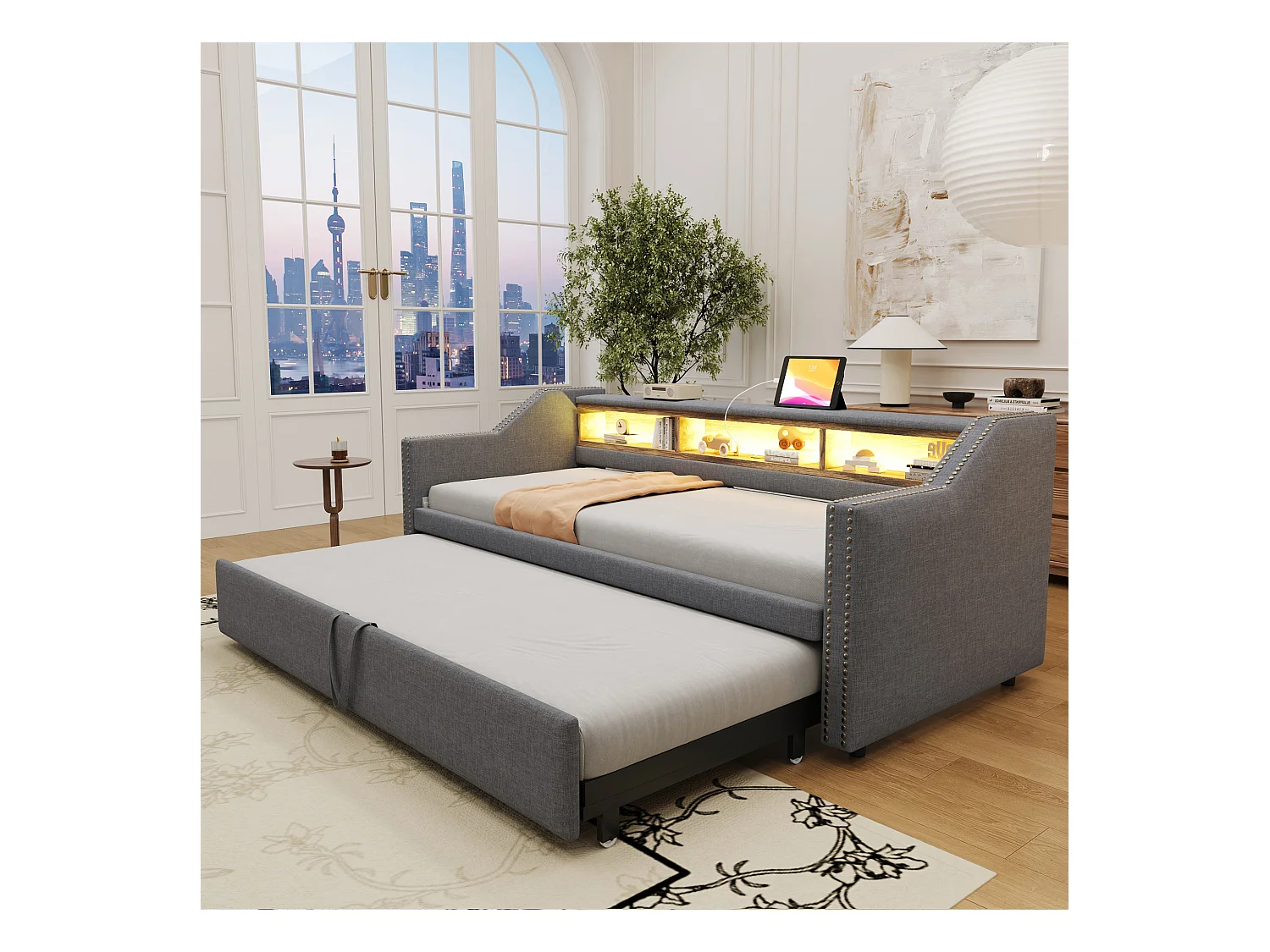 Tagesbett 90/180 x 190 cm – Hellgraues Leinen – Erwachsenenbett mit LED-Beleuchtung und USB-Anschluss – Lattenrost – Ohne Matratze