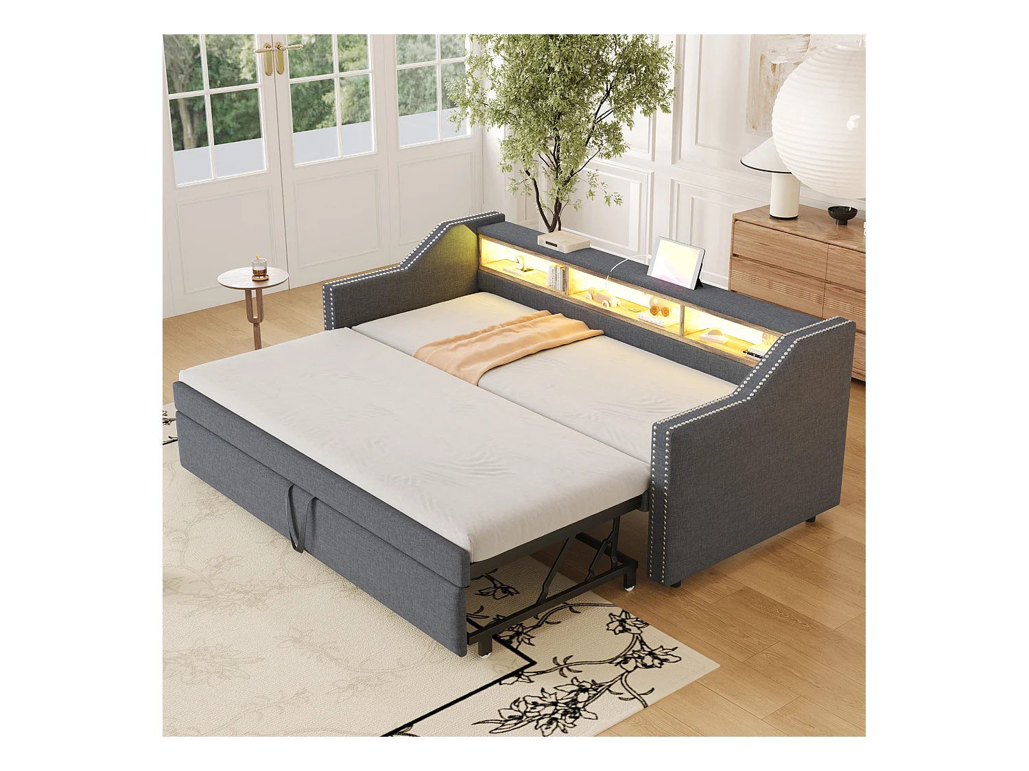 Tagesbett 90/180 x 190 cm – Hellgraues Leinen – Erwachsenenbett mit LED-Beleuchtung und USB-Anschluss – Lattenrost – Ohne Matratze