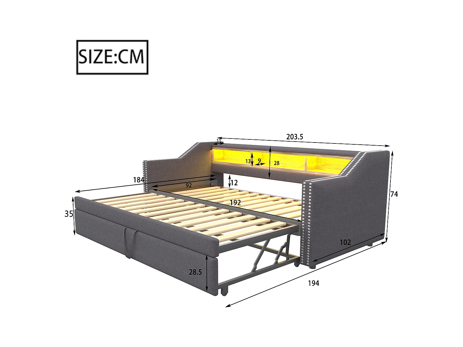 Tagesbett 90/180 x 190 cm – Hellgraues Leinen – Erwachsenenbett mit LED-Beleuchtung und USB-Anschluss – Lattenrost – Ohne Matratze