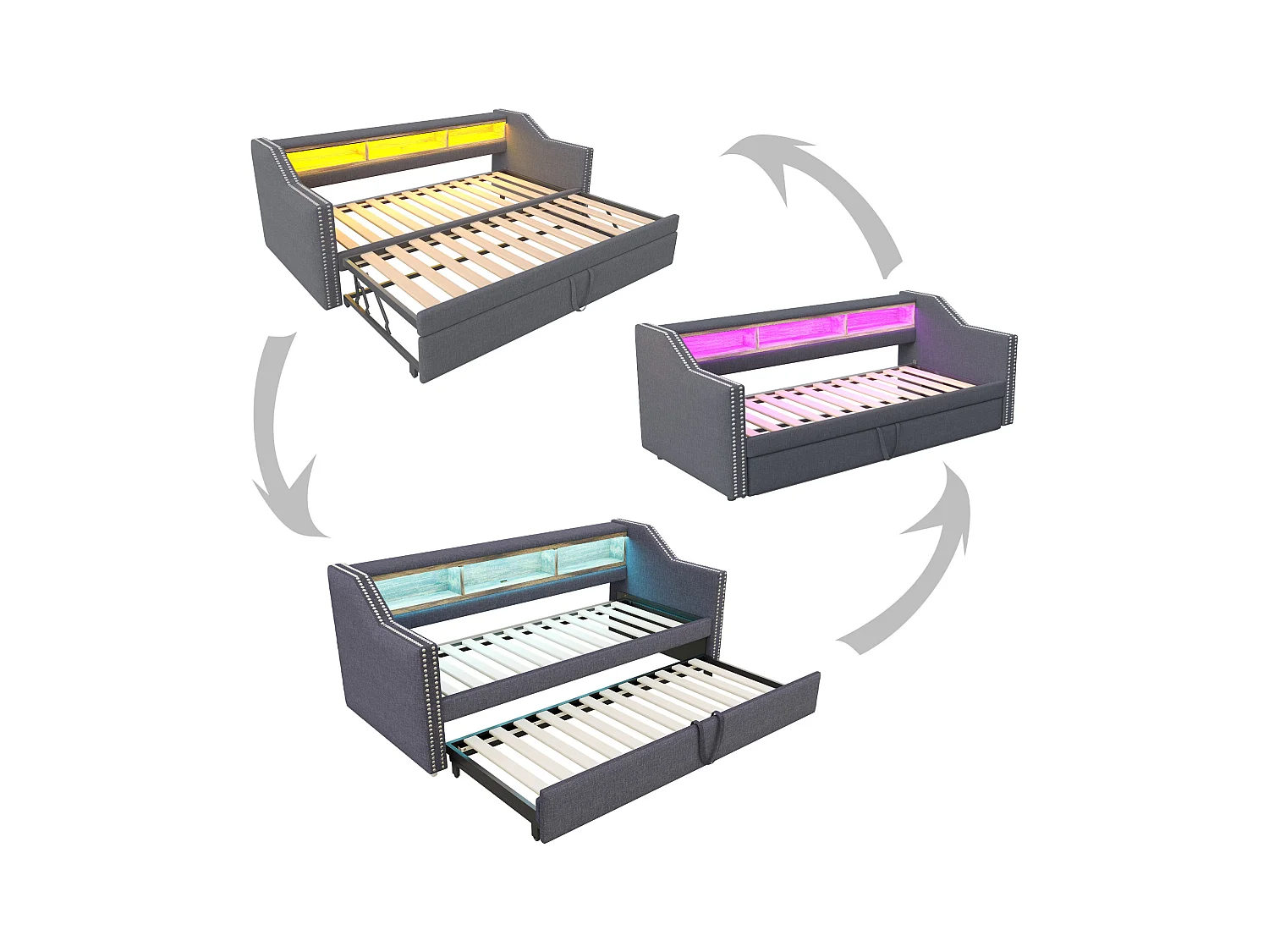 Tagesbett 90/180 x 190 cm – Hellgraues Leinen – Erwachsenenbett mit LED-Beleuchtung und USB-Anschluss – Lattenrost – Ohne Matratze