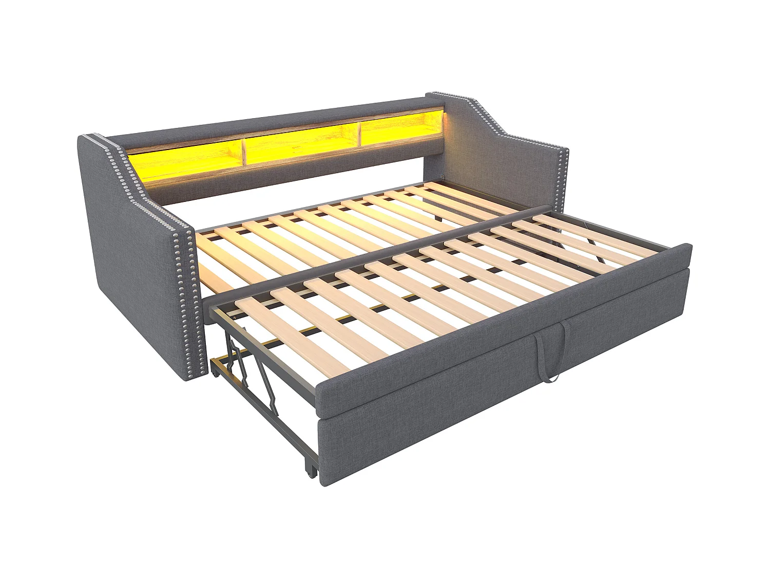 Tagesbett 90/180 x 190 cm – Hellgraues Leinen – Erwachsenenbett mit LED-Beleuchtung und USB-Anschluss – Lattenrost – Ohne Matratze