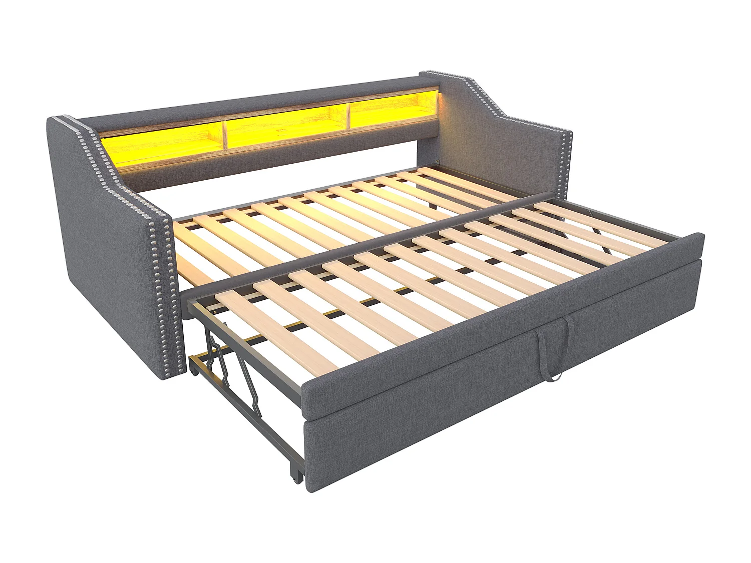 Lit banquette 90/180 x 190 cm - Lin gris clair - Lit adulte avec éclairage LED et port USB  - sommier à lattes - sans matelas