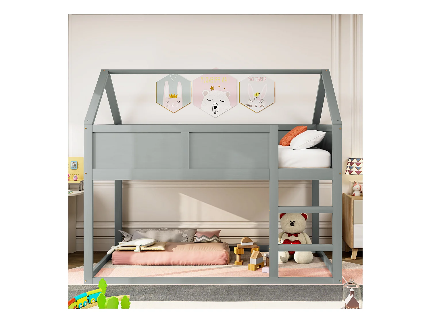 Etagenbett 90 x 200 cm – Kinderbett mit Treppe und Holzrahmen – Grau – ohne Matratze