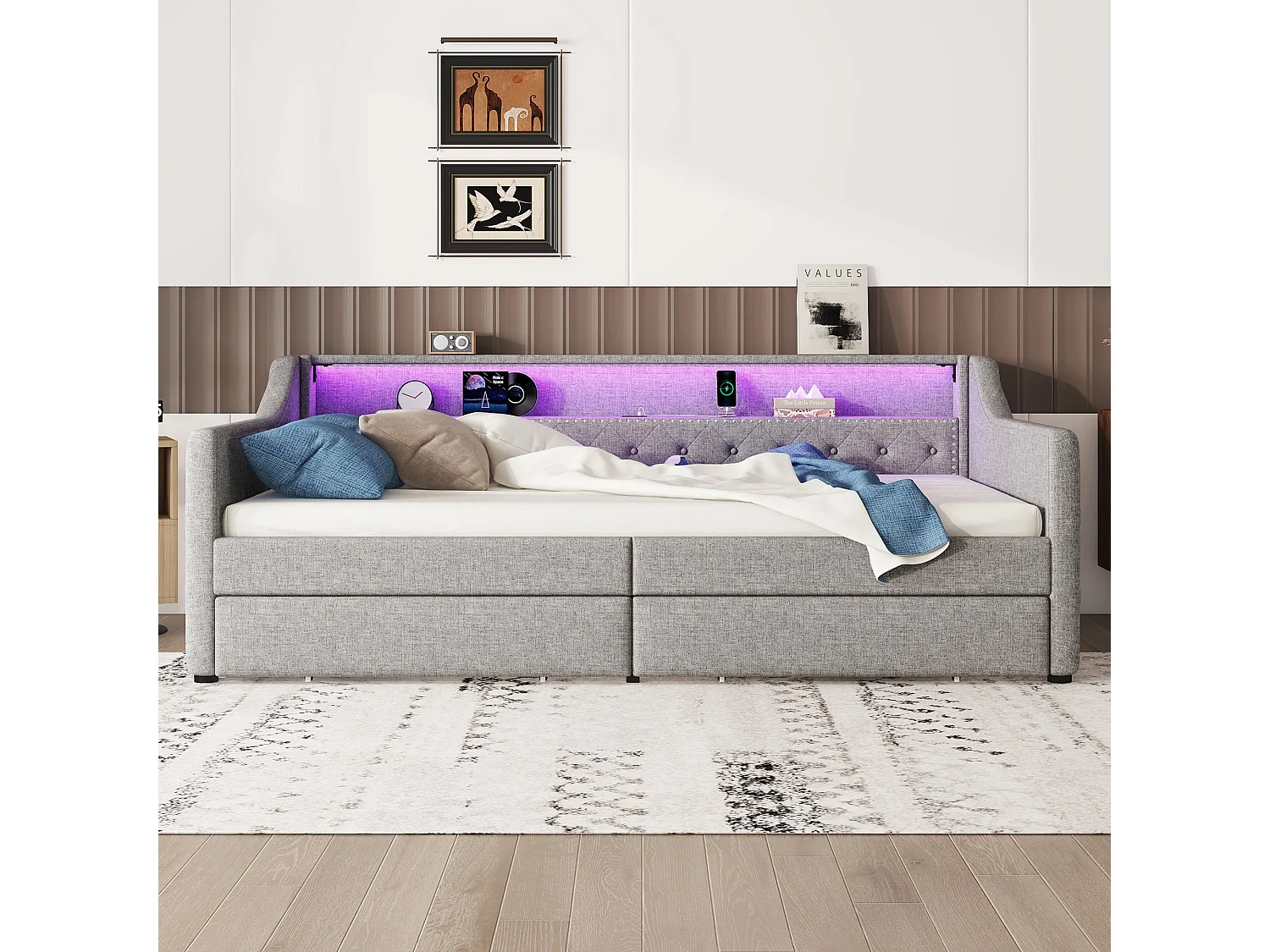 Divano letto 90x200 cm, lino grigio, letto per adulti con ricarica USB e illuminazione, 2 cassetti, senza materasso
