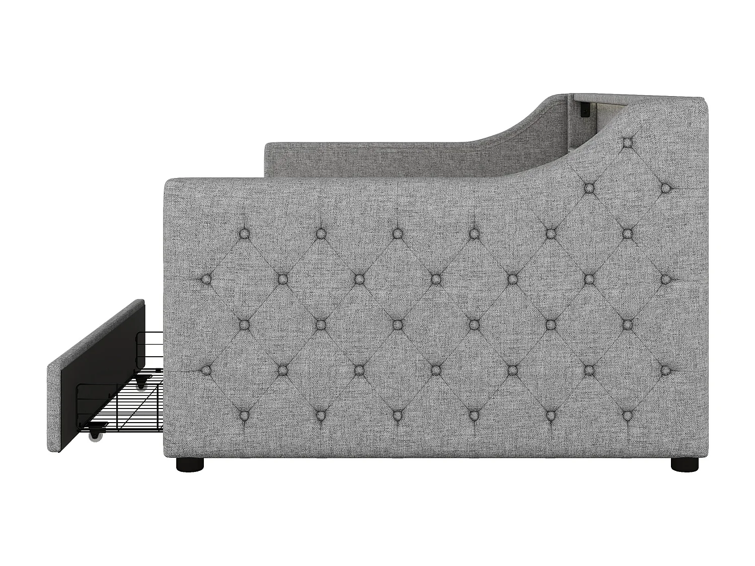 Divano letto 90x200 cm, lino grigio, letto per adulti con ricarica USB e illuminazione, 2 cassetti, senza materasso