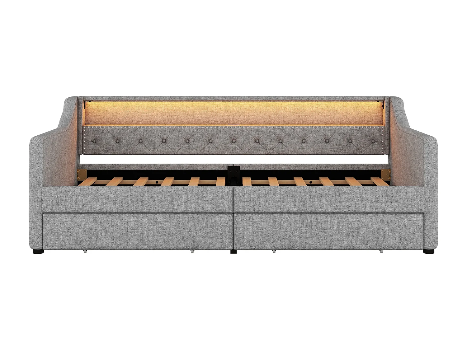 Divano letto 90x200 cm, lino grigio, letto per adulti con ricarica USB e illuminazione, 2 cassetti, senza materasso
