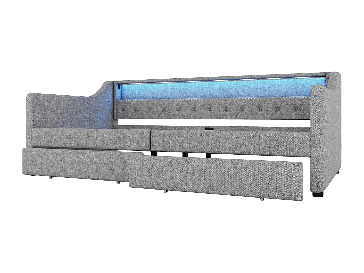 Divano letto 90x200 cm, lino grigio, letto per adulti con ricarica USB e illuminazione, 2 cassetti, senza materasso