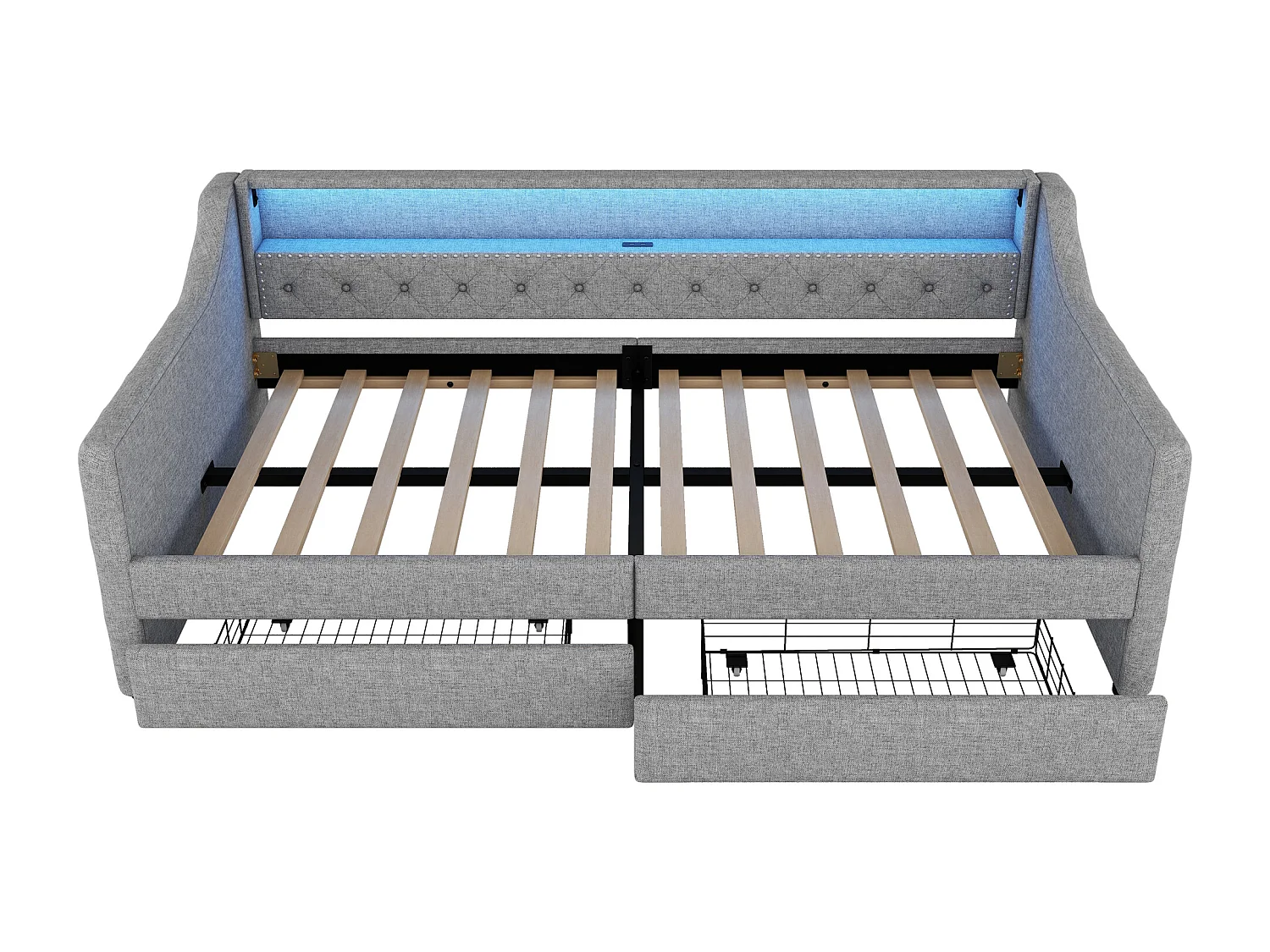 Divano letto 90x200 cm, lino grigio, letto per adulti con ricarica USB e illuminazione, 2 cassetti, senza materasso