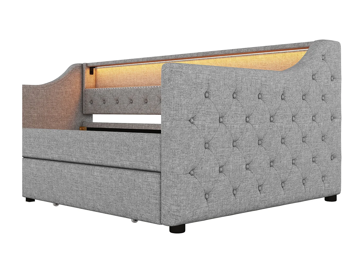 Divano letto 90x200 cm, lino grigio, letto per adulti con ricarica USB e illuminazione, 2 cassetti, senza materasso