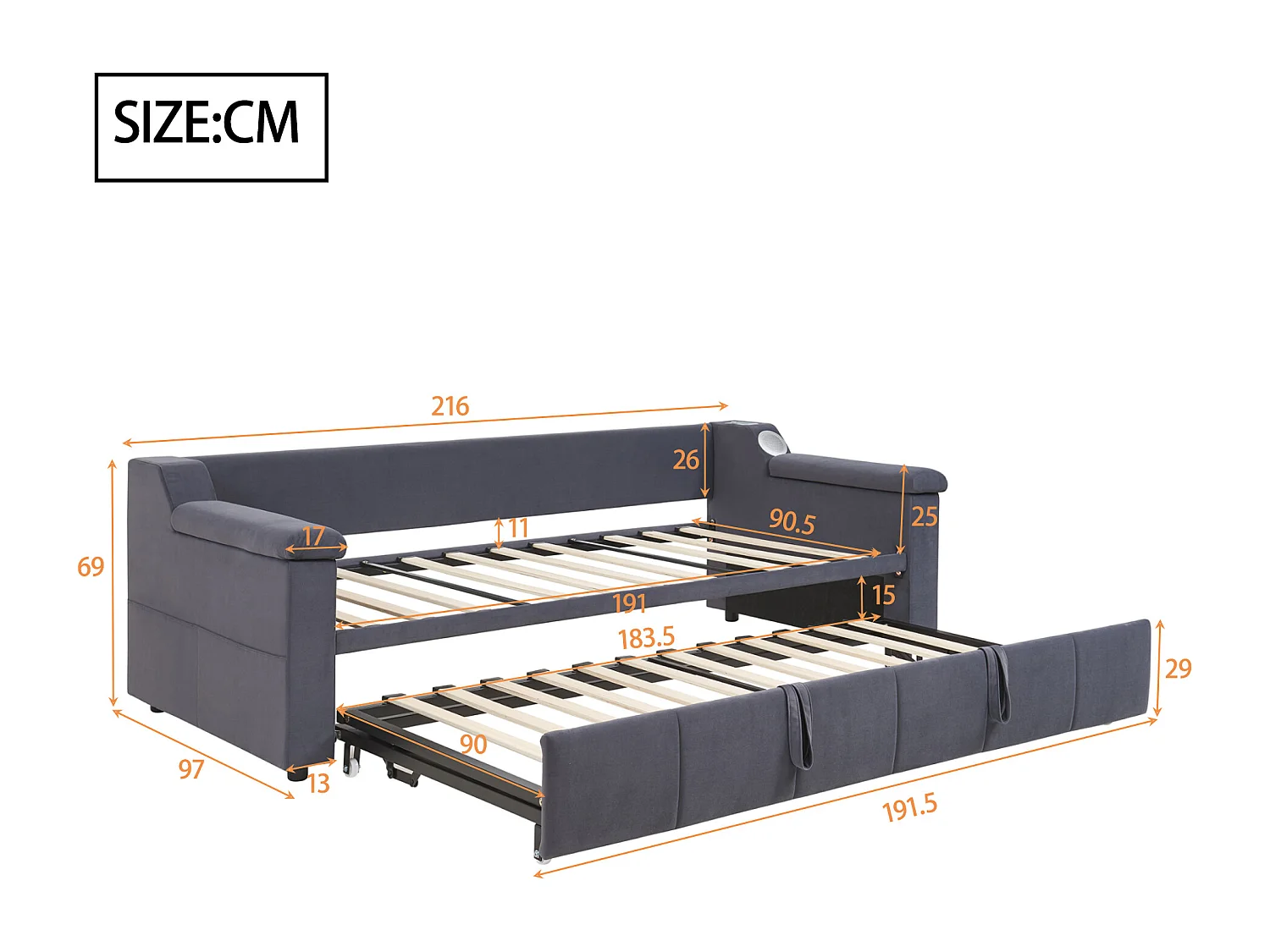 Leżanka 90/180x190 cm - Szary aksamit - Łóżko dla dorosłych z systemem audio Bluetooth i ładowaniem USB - Bez materaca