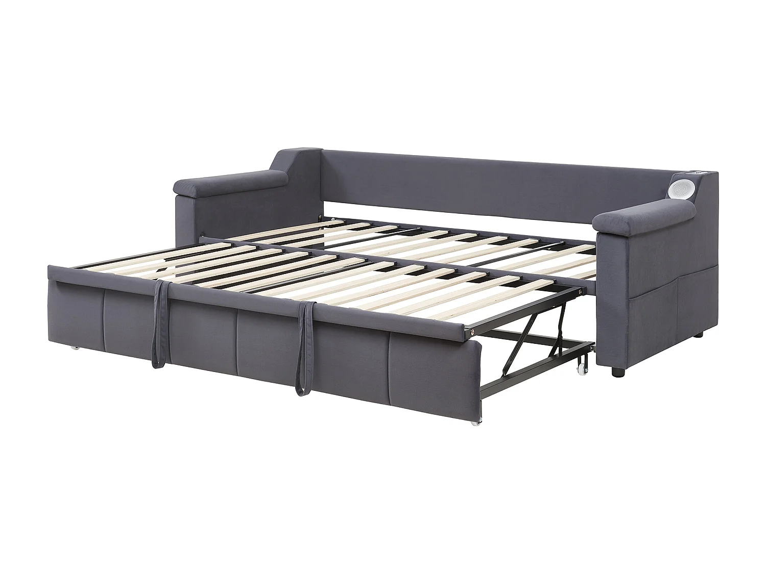 Leżanka 90/180x190 cm - Szary aksamit - Łóżko dla dorosłych z systemem audio Bluetooth i ładowaniem USB - Bez materaca