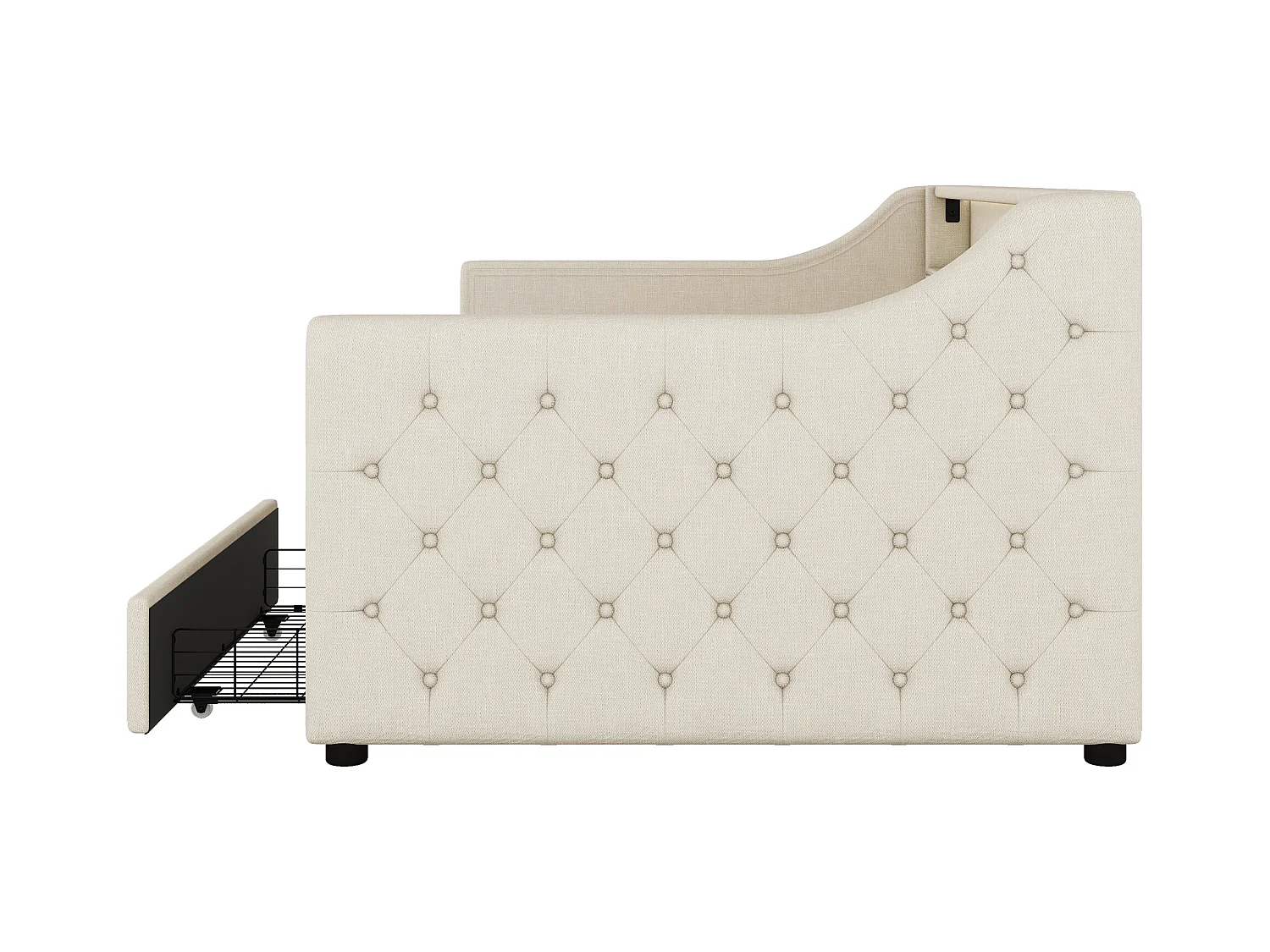 Slaapbank 90x200 cm, beige linnen, Volwassen bed met USB-oplader en verlichting, 2 lades, zonder matras