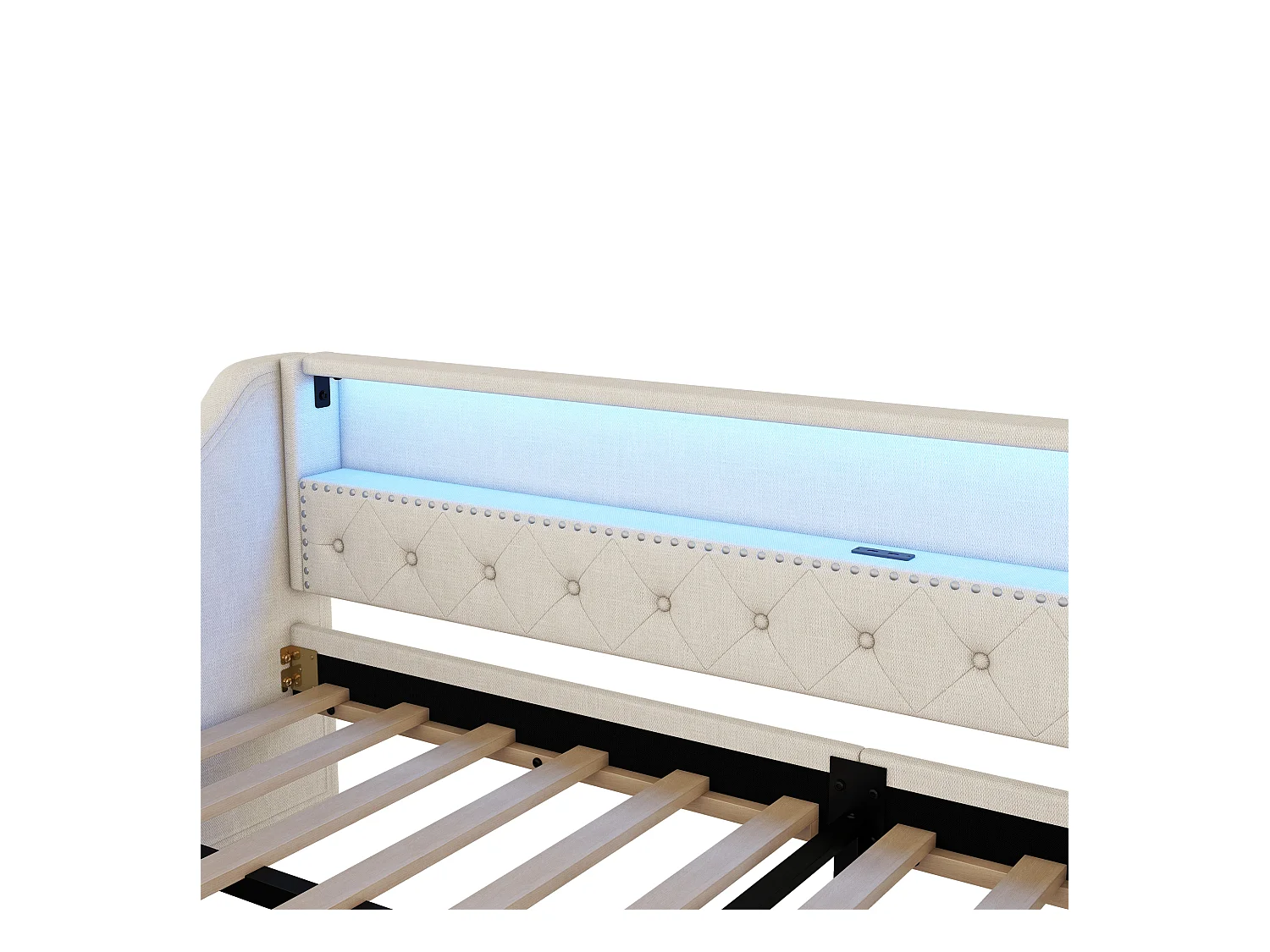 Slaapbank 90x200 cm, beige linnen, Volwassen bed met USB-oplader en verlichting, 2 lades, zonder matras