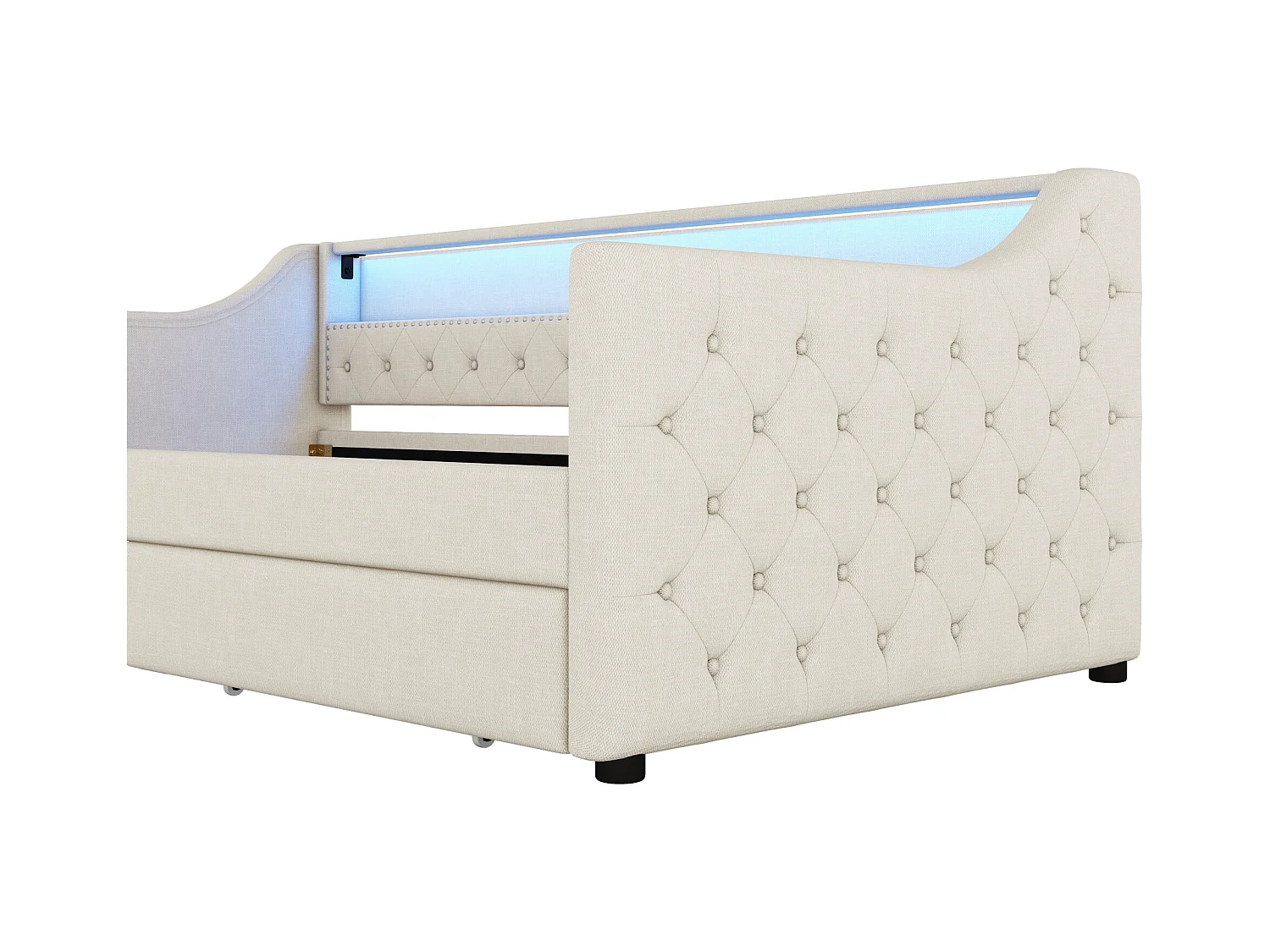 Slaapbank 90x200 cm, beige linnen, Volwassen bed met USB-oplader en verlichting, 2 lades, zonder matras