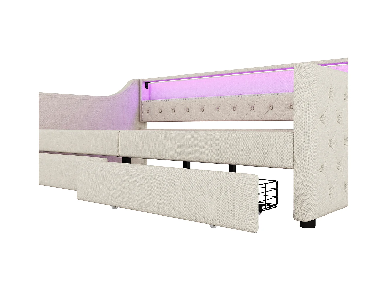 Slaapbank 90x200 cm, beige linnen, Volwassen bed met USB-oplader en verlichting, 2 lades, zonder matras