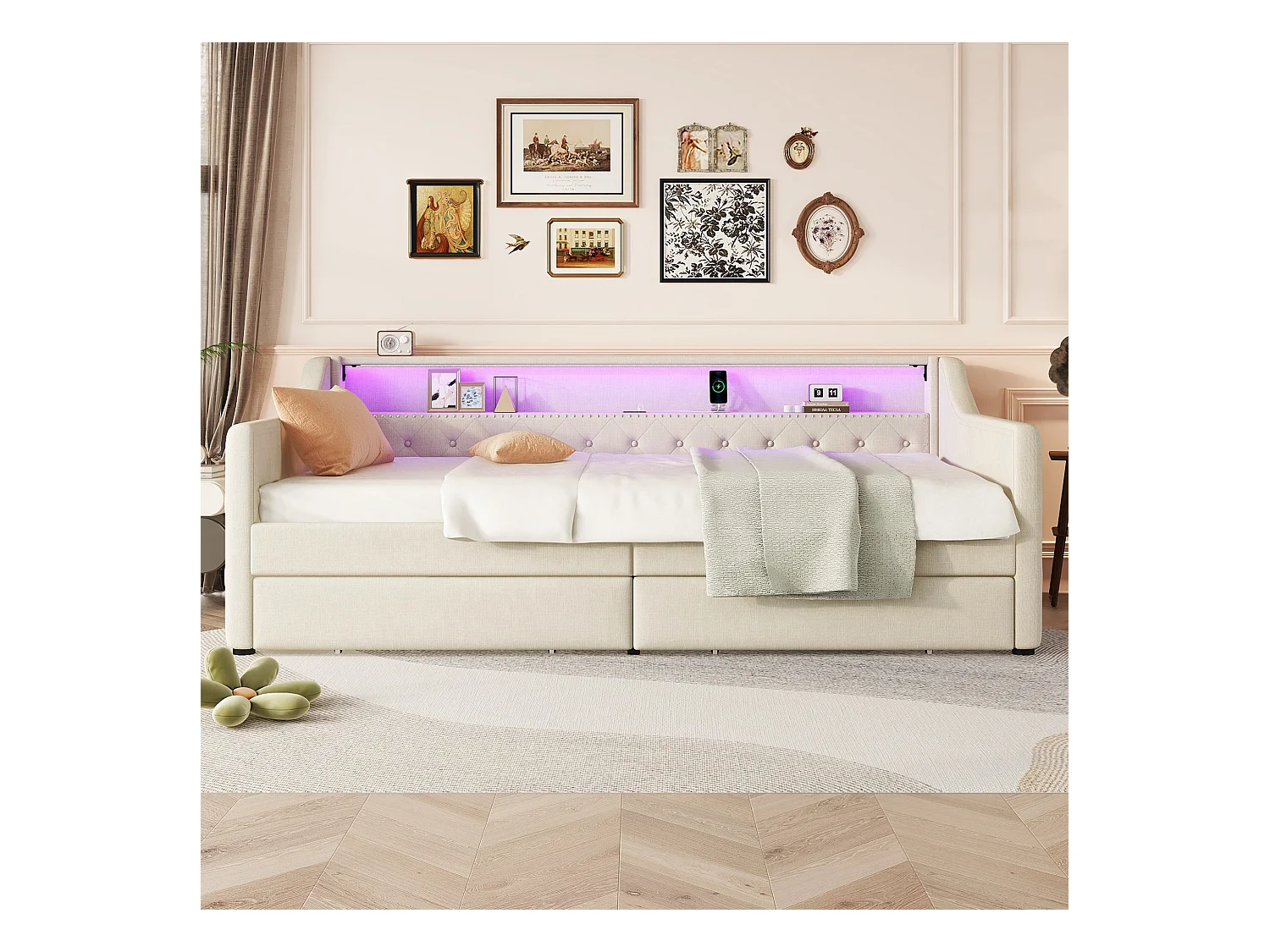 Lit banquette 90x200 cm, lin beige, Lit adulte avec chargement USB et éclairage , 2 tiroirs, sans matelas