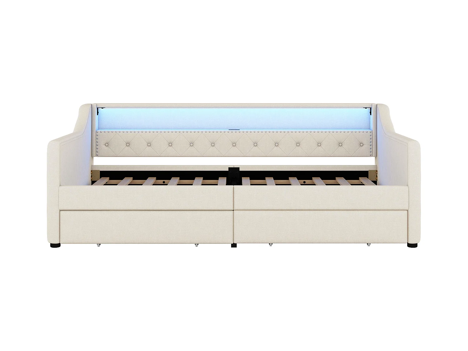 Lit banquette 90x200 cm, lin beige, Lit adulte avec chargement USB et éclairage , 2 tiroirs, sans matelas