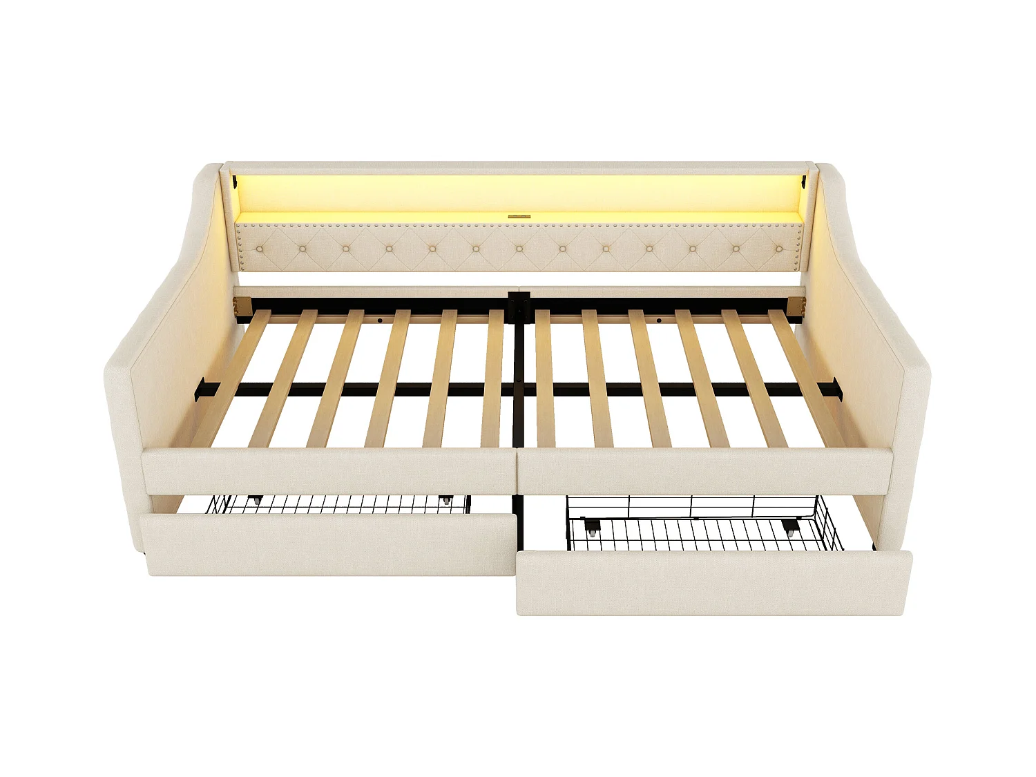 Lit banquette 90x200 cm, lin beige, Lit adulte avec chargement USB et éclairage , 2 tiroirs, sans matelas