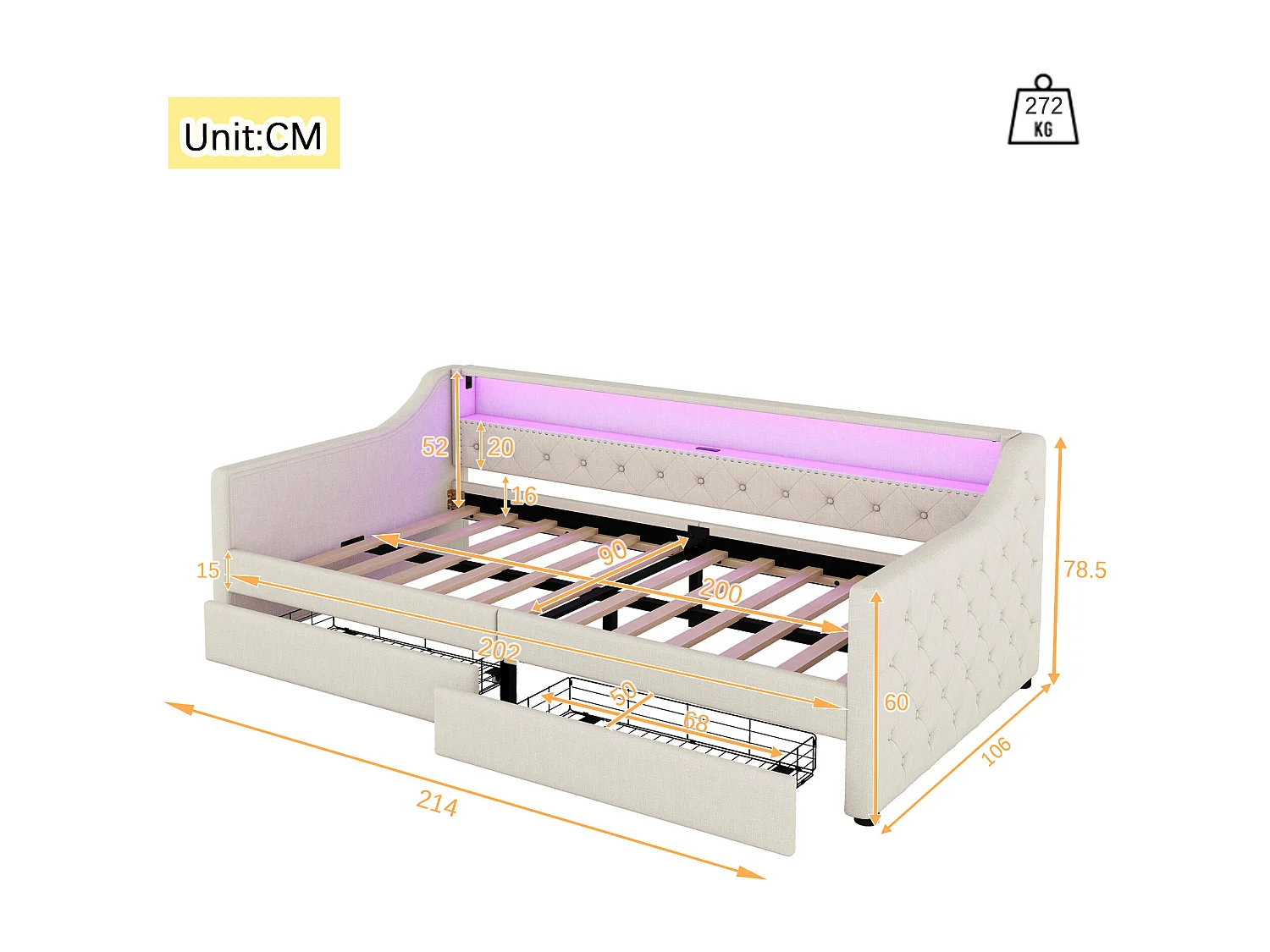 Lit banquette 90x200 cm, lin beige, Lit adulte avec chargement USB et éclairage , 2 tiroirs, sans matelas