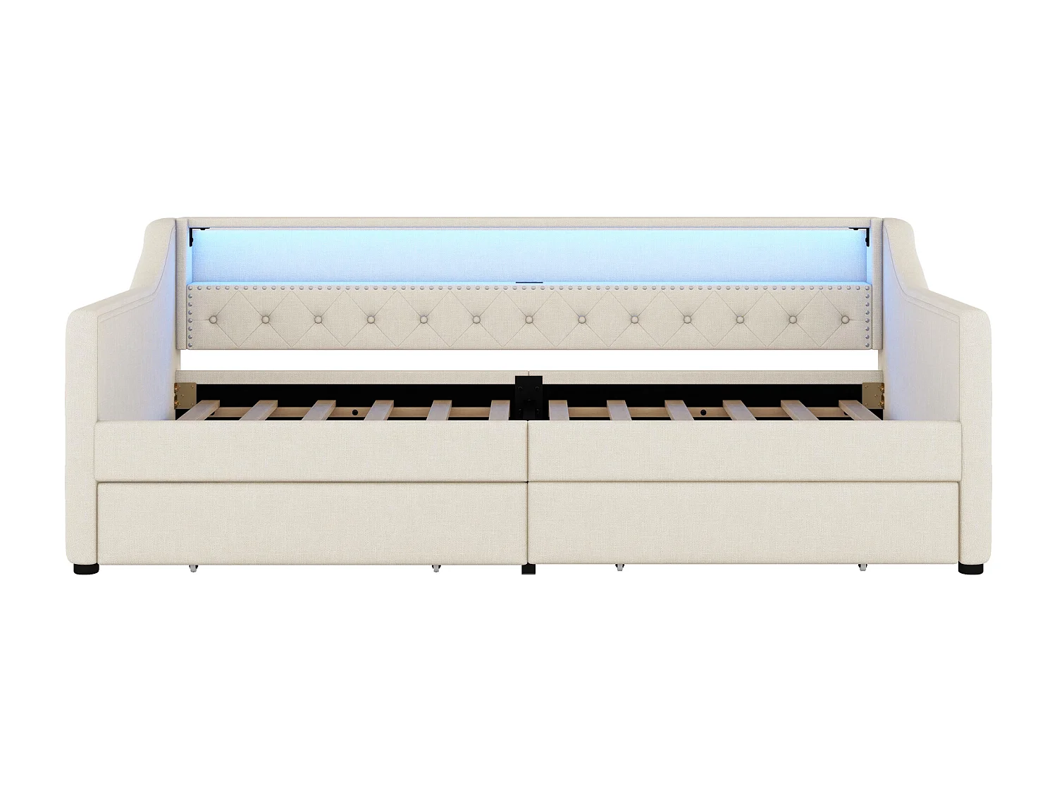 Lit banquette 90x200 cm, lin beige, Lit adulte avec chargement USB et éclairage , 2 tiroirs, sans matelas