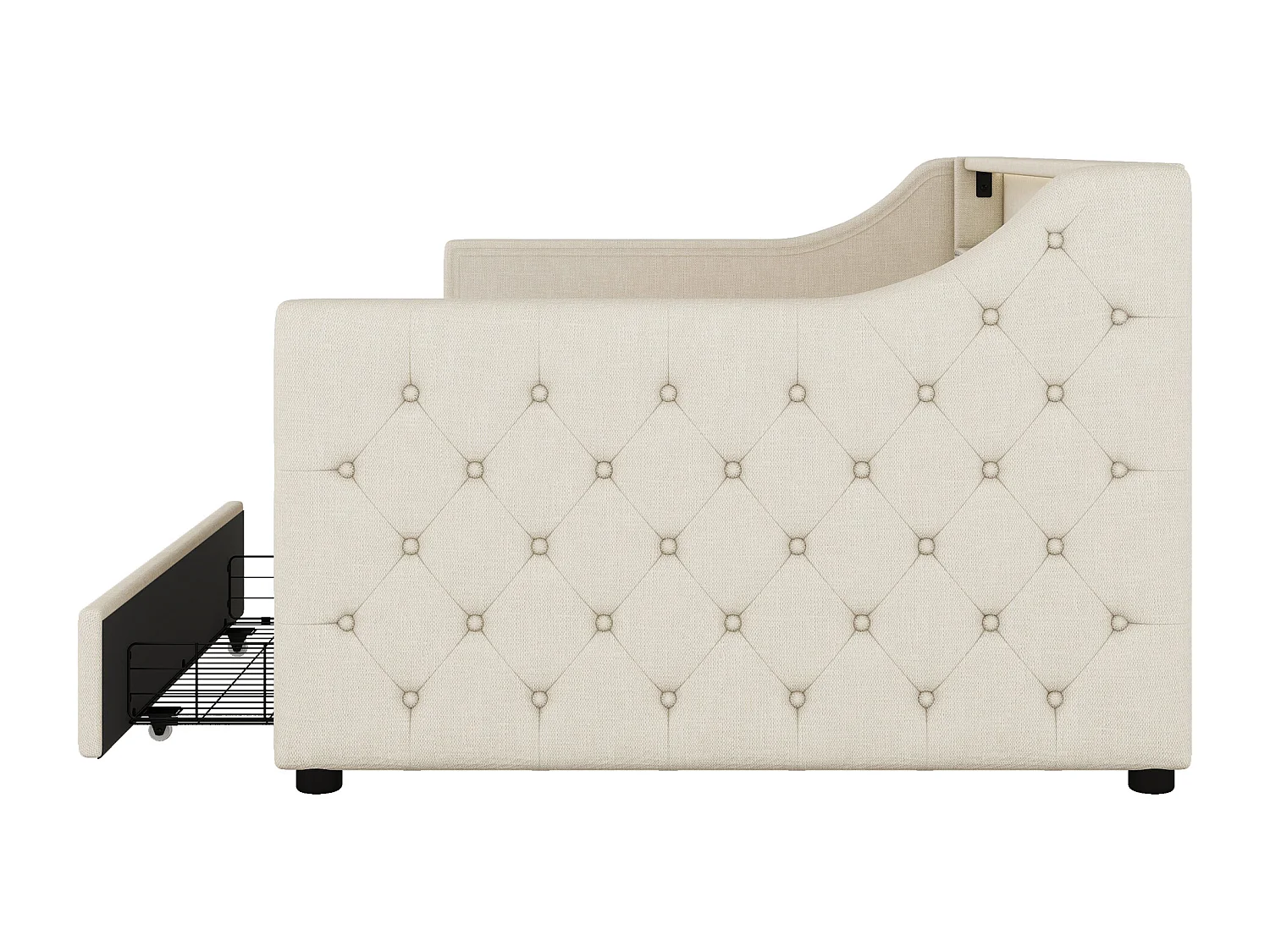 Lit banquette 90x200 cm, lin beige, Lit adulte avec chargement USB et éclairage , 2 tiroirs, sans matelas