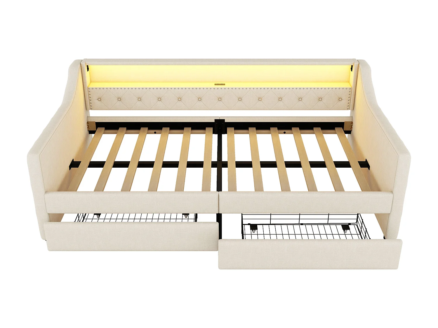 Lit banquette 90x200 cm, lin beige, Lit adulte avec chargement USB et éclairage , 2 tiroirs, sans matelas