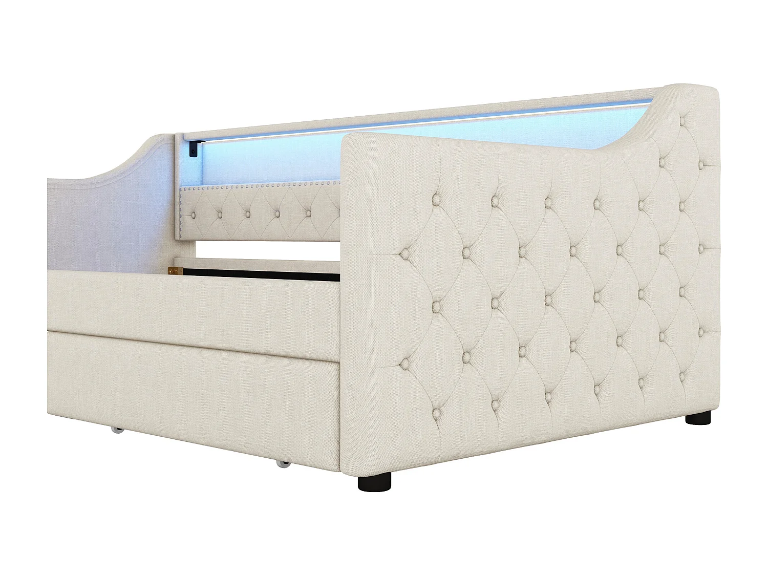 Lit banquette 90x200 cm, lin beige, Lit adulte avec chargement USB et éclairage , 2 tiroirs, sans matelas
