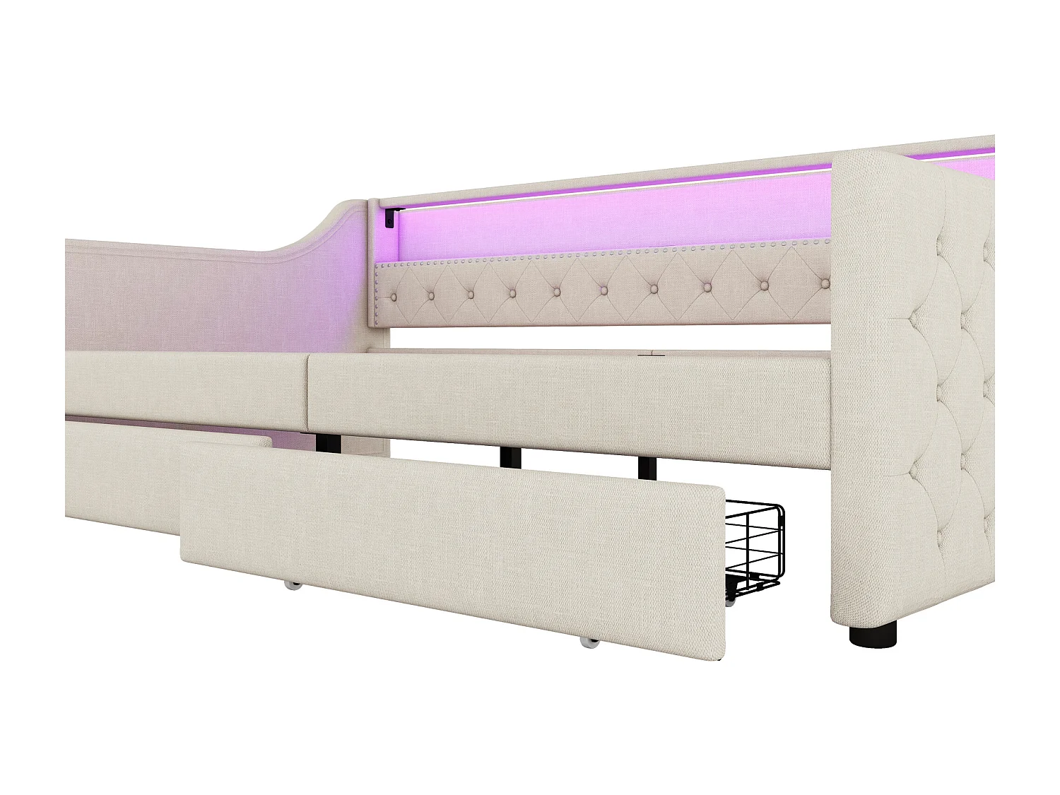 Lit banquette 90x200 cm, lin beige, Lit adulte avec chargement USB et éclairage , 2 tiroirs, sans matelas