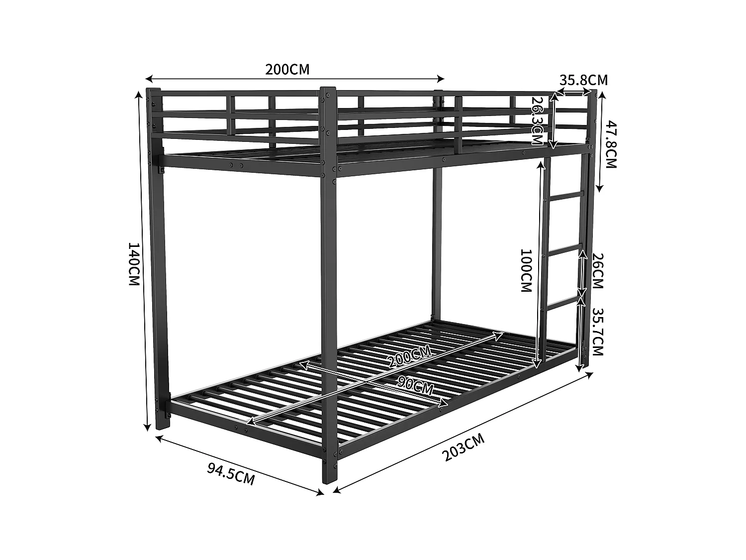 Stapelbed 90 x 200 cm - Kinderbed met uitvalbeveiliging en lattenbodem - Wit - Zonder matras