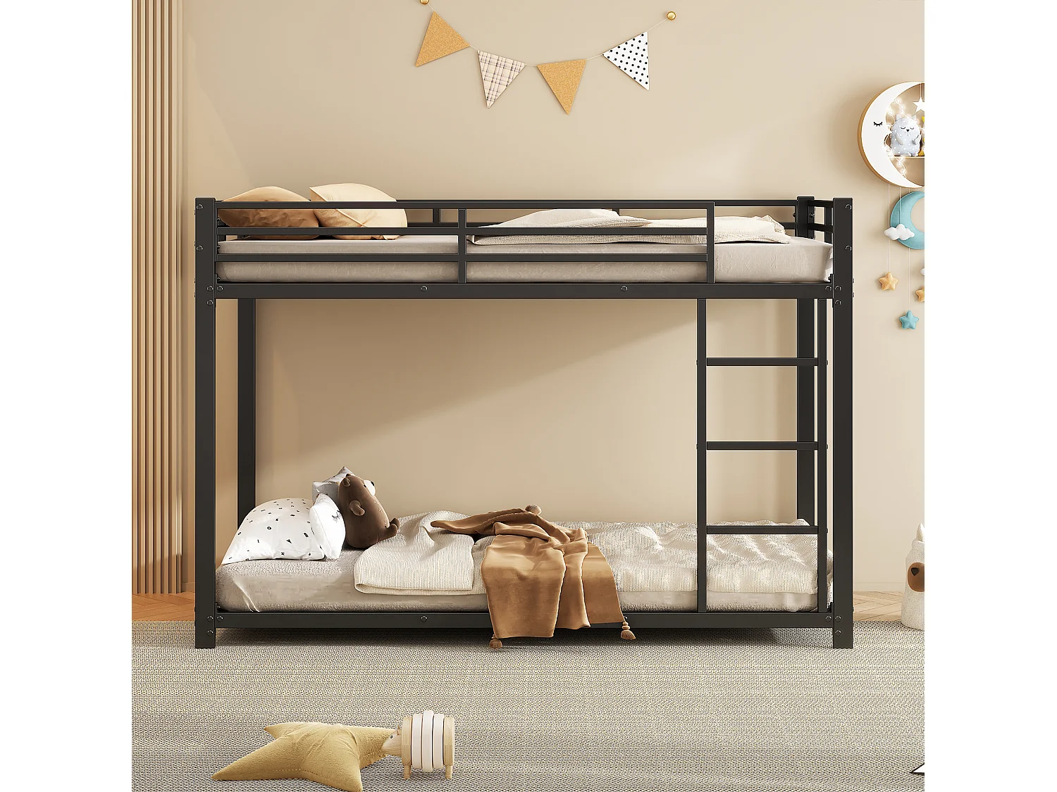 Lit superposé 90 x 200 cm - Lit enfant avec barrières de sécurité et sommier à lattes - Blanc - Sans matelas