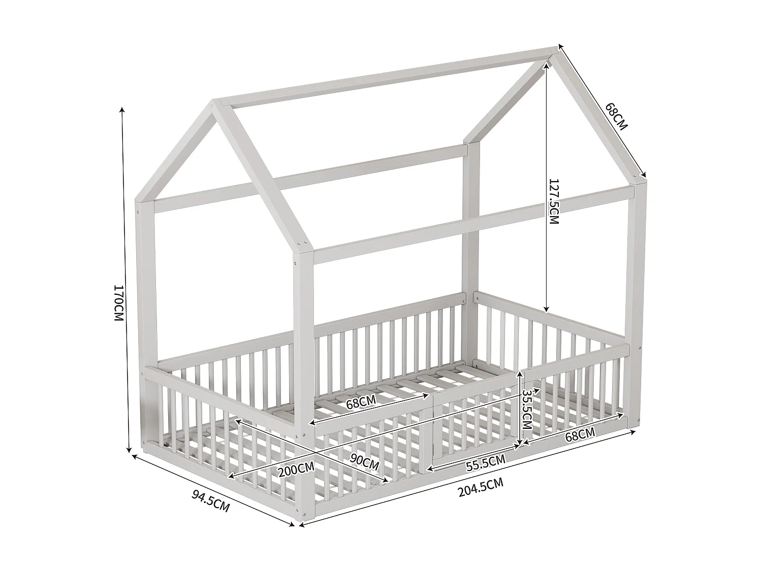 Kajuitbed 90x200 cm, wit, kinderbed met veiligheidsdeur en lattenbodem, zonder matras
