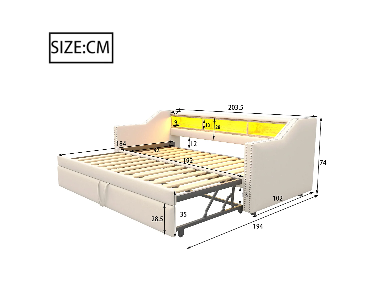 Tagesbett 90/180 x 190 cm – Beiges Leinen – Erwachsenenbett mit LED-Beleuchtung und USB-Anschluss – Lattenrost – Ohne Matratze