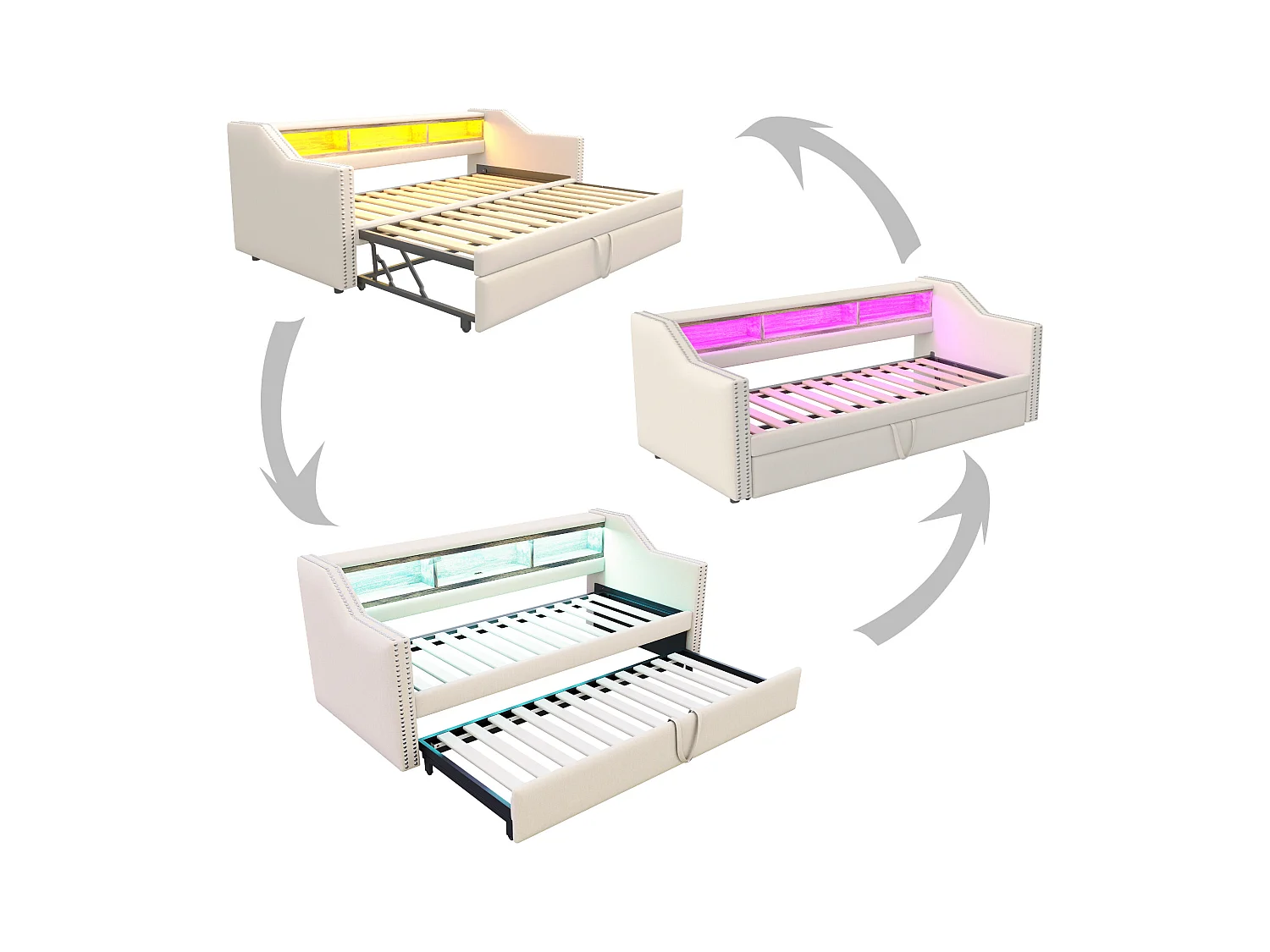 Tagesbett 90/180 x 190 cm – Beiges Leinen – Erwachsenenbett mit LED-Beleuchtung und USB-Anschluss – Lattenrost – Ohne Matratze