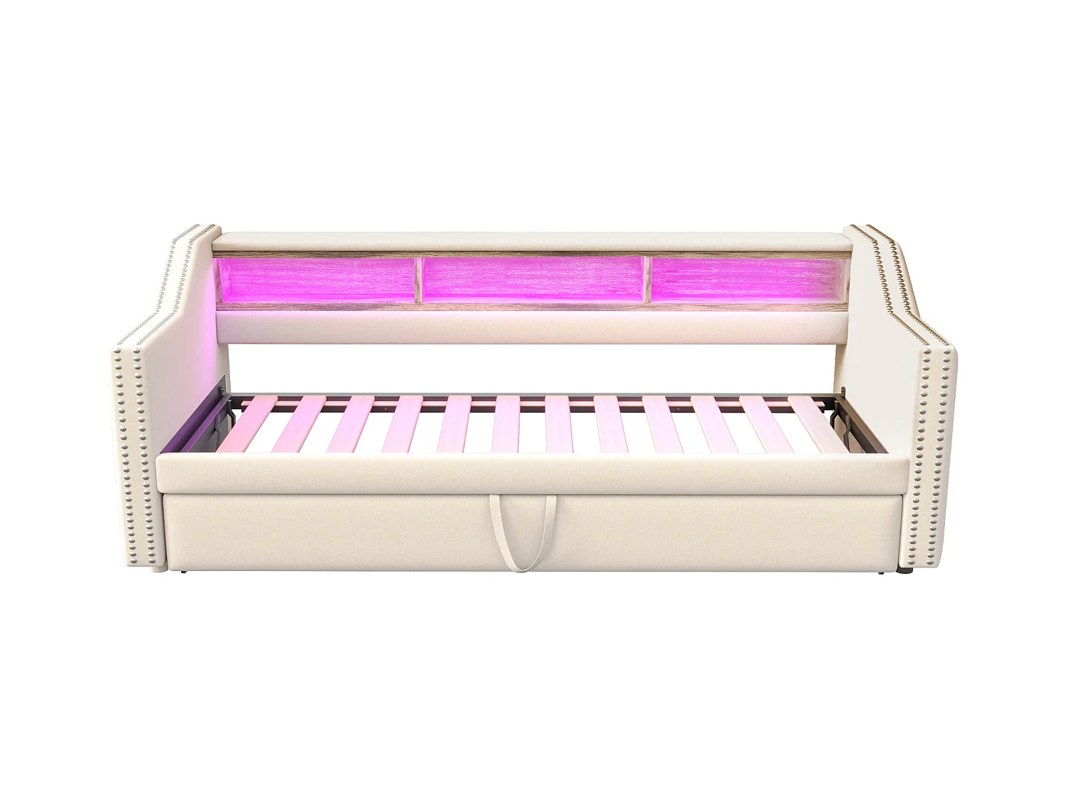 Tagesbett 90/180 x 190 cm – Beiges Leinen – Erwachsenenbett mit LED-Beleuchtung und USB-Anschluss – Lattenrost – Ohne Matratze