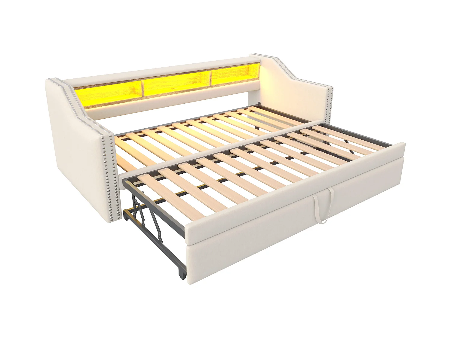 Tagesbett 90/180 x 190 cm – Beiges Leinen – Erwachsenenbett mit LED-Beleuchtung und USB-Anschluss – Lattenrost – Ohne Matratze