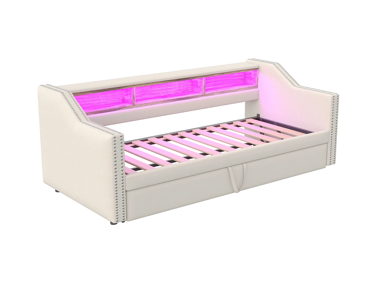 Tagesbett 90/180 x 190 cm – Beiges Leinen – Erwachsenenbett mit LED-Beleuchtung und USB-Anschluss – Lattenrost – Ohne Matratze