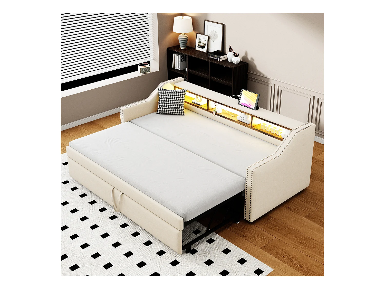 Lit banquette 90/180 x 190 cm - Lin beige - Lit adulte avec éclairage LED et port USB - sommier à lattes - sans matelas
