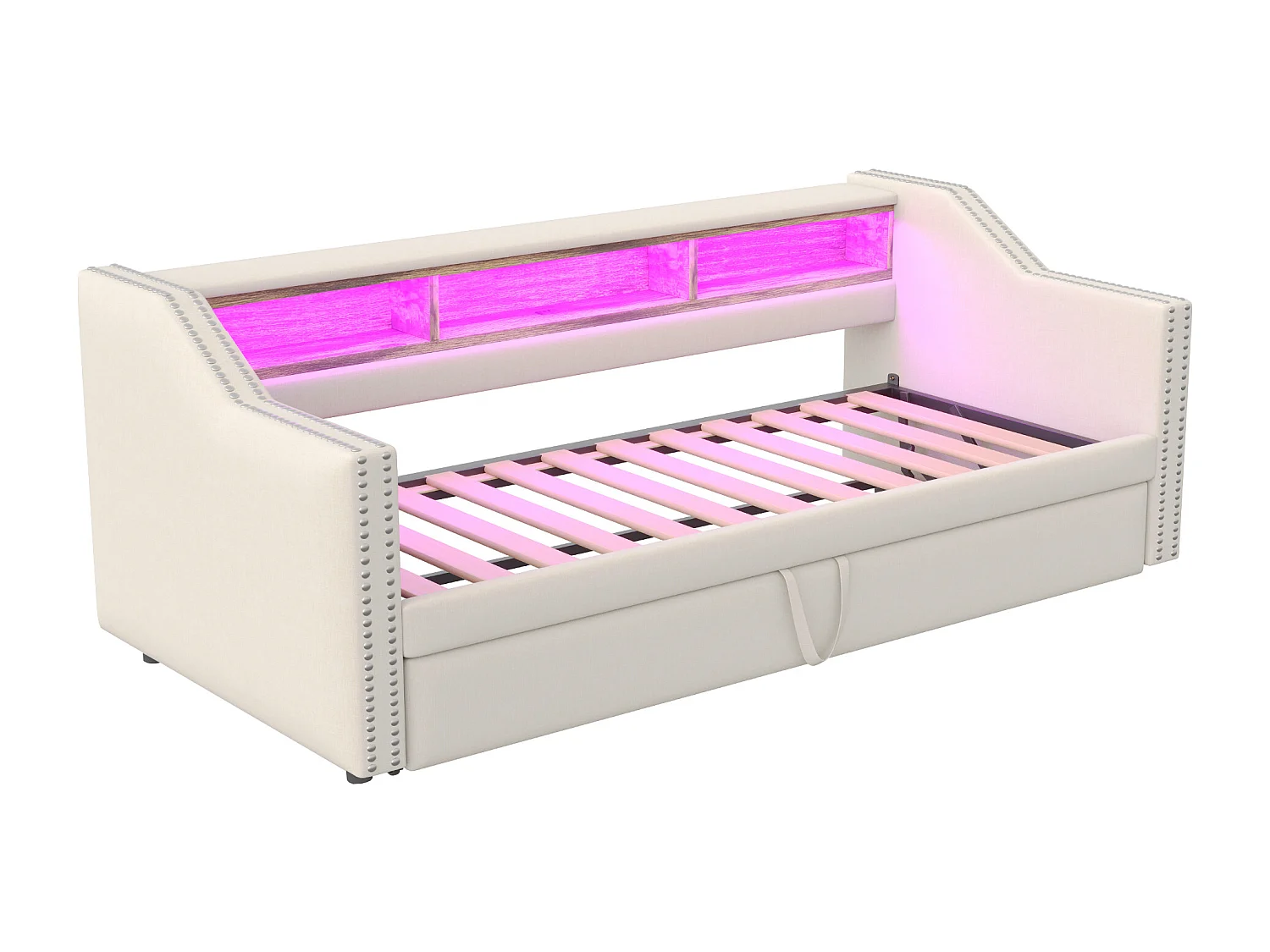 Tagesbett 90/180 x 190 cm – Beiges Leinen – Erwachsenenbett mit LED-Beleuchtung und USB-Anschluss – Lattenrost – Ohne Matratze