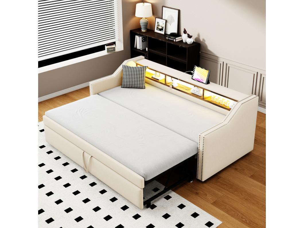 Leżanka 90/180 x 190 cm - beżowy len - łóżko dla dorosłych z oświetleniem LED i portem USB - stelaż z listew - bez materaca