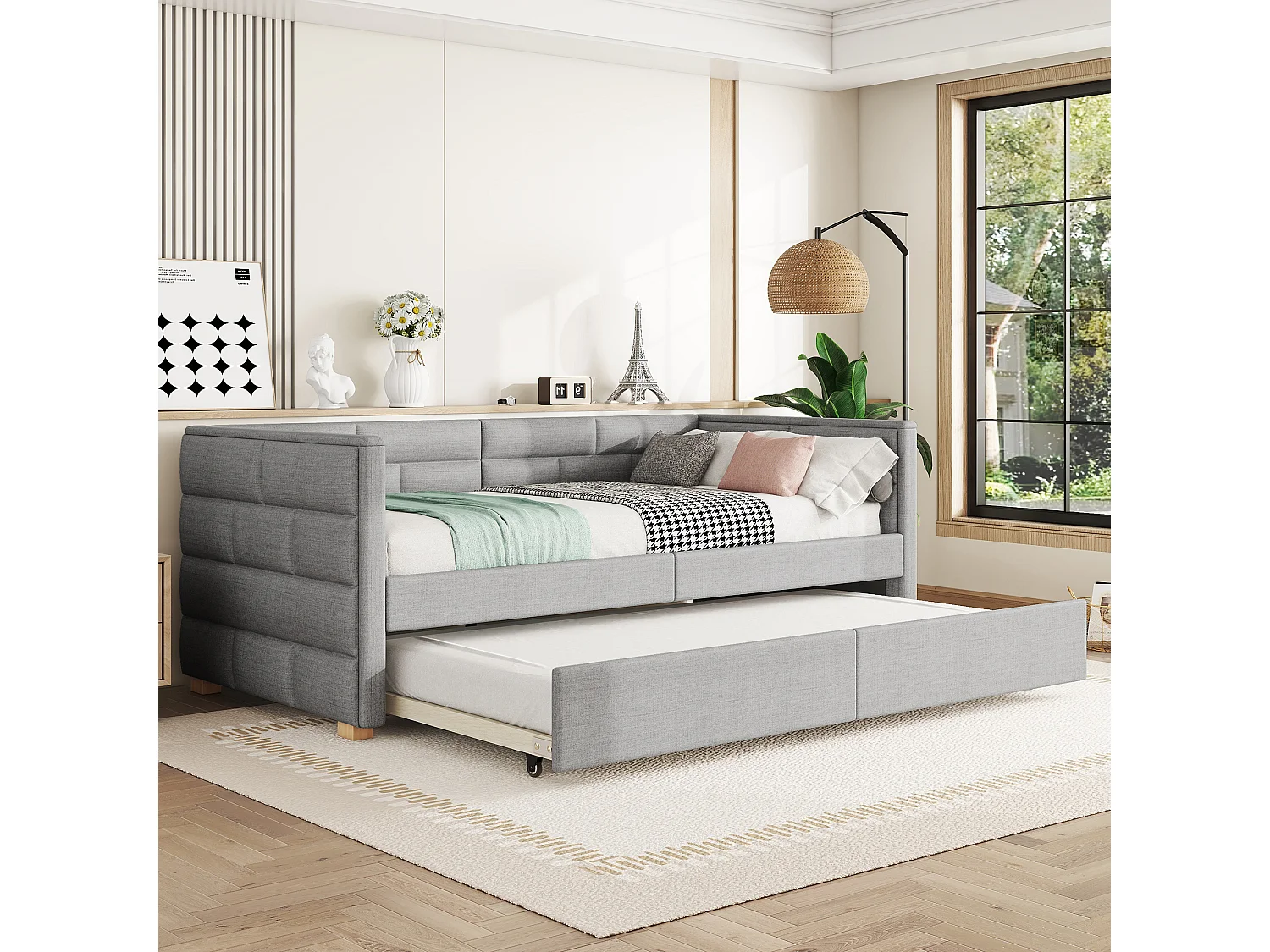 Taczan 90 x 200 cm, szary len, Łóżko dziecięce z oparciem i stelażem z listew, bez materaca