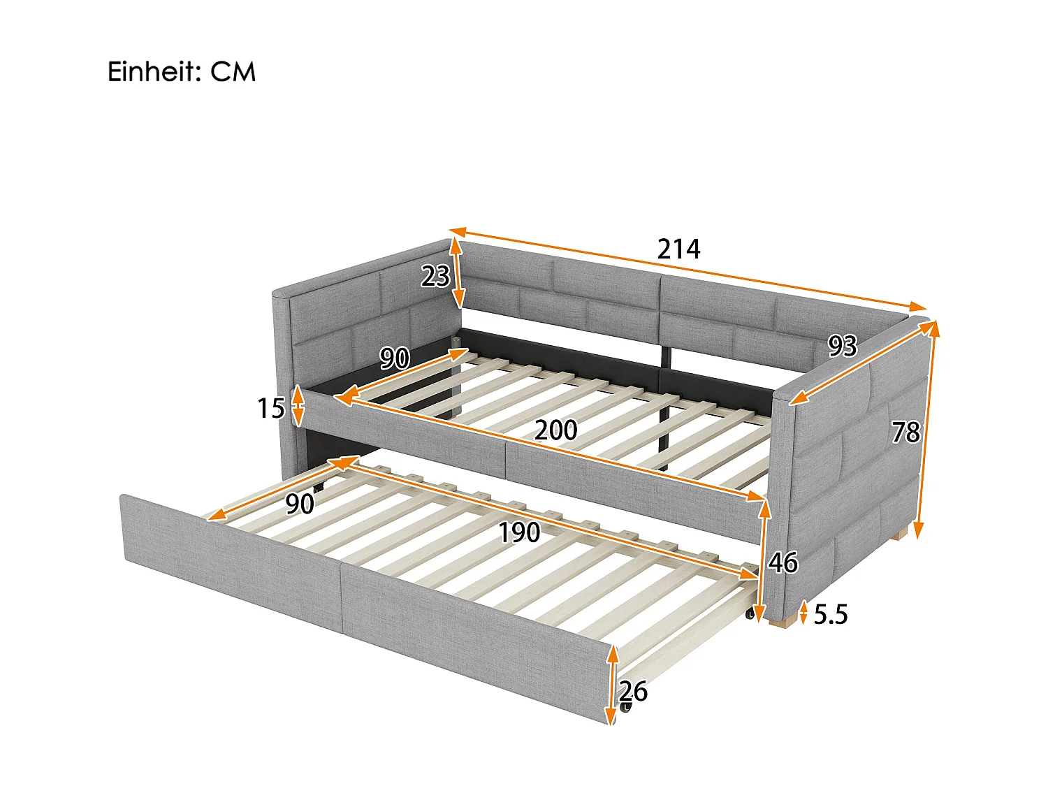 Taczan 90 x 200 cm, szary len, Łóżko dziecięce z oparciem i stelażem z listew, bez materaca
