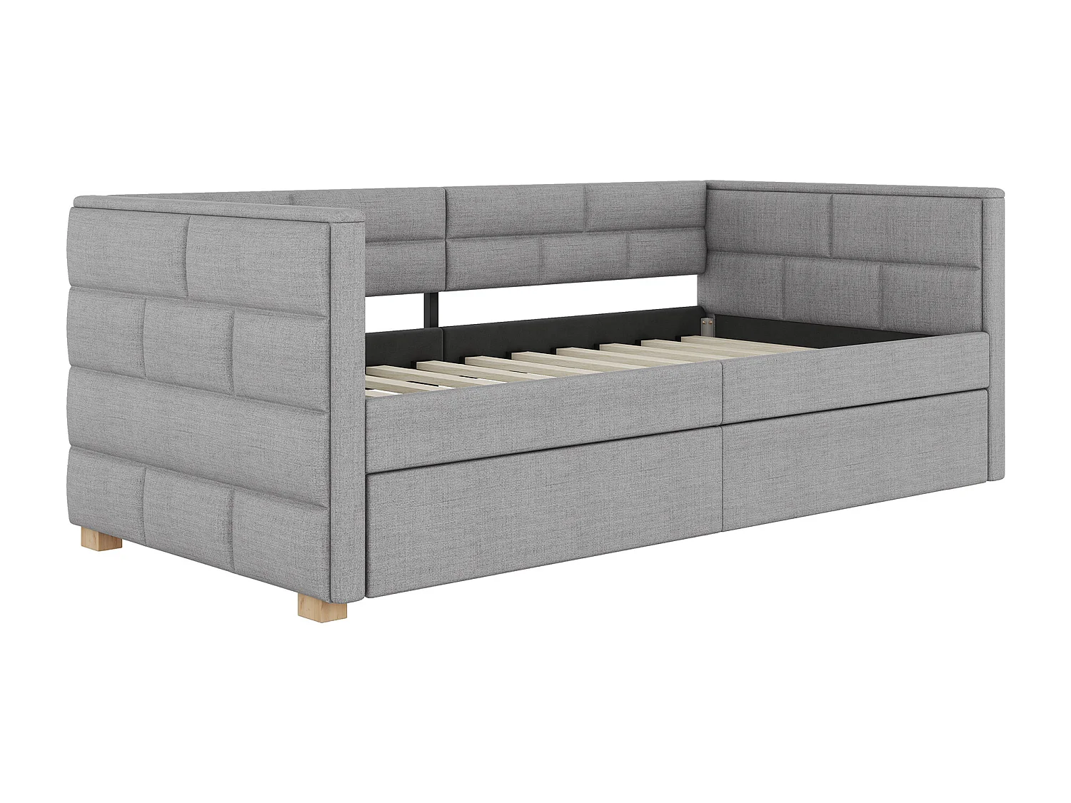 Taczan 90 x 200 cm, szary len, Łóżko dziecięce z oparciem i stelażem z listew, bez materaca