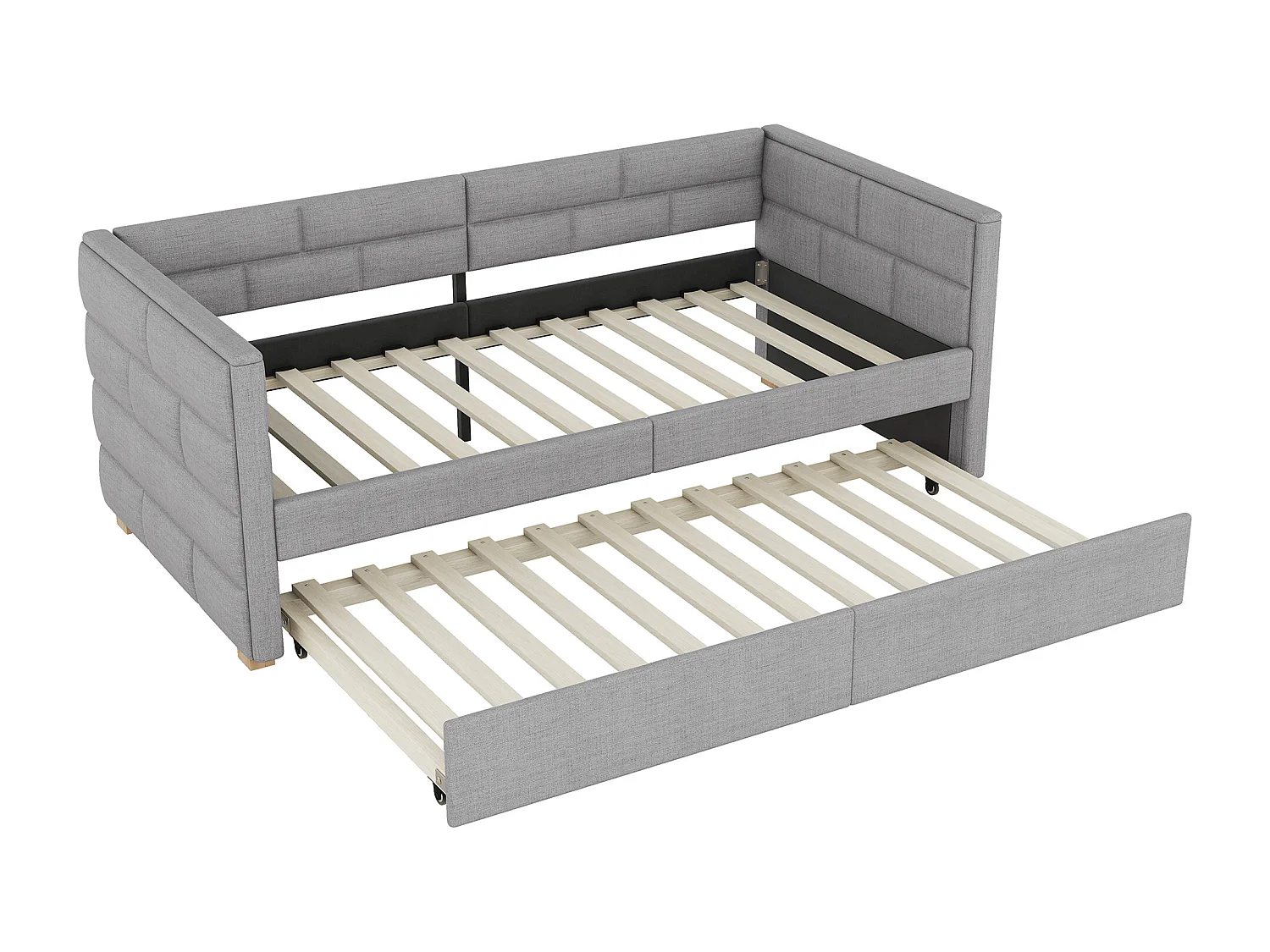 Taczan 90 x 200 cm, szary len, Łóżko dziecięce z oparciem i stelażem z listew, bez materaca